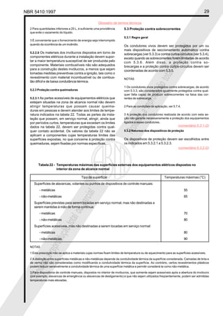NBR 5410:1997 29
Glossário de termos técnicos
Proibidaareproduçãototalouparcial
Proibidaareproduçãototalouparcial
2 Para quantidades inferiores a 25 L, é suficiente uma providência
que evite o vazamento do líquido.
3 É conveniente que o fornecimento de energia seja interrompido
quando da ocorrência de um incêndio.
5.2.2.6 Os materiais dos invólucros dispostos em torno de
componentes elétricos durante a instalação devem supor-
tar a maior temperatura susceptível de ser produzida pelo
componente. Materiais combustíveis não são adequados
para a construção destes invólucros, a menos que sejam
tomadas medidas preventivas contra a ignição, tais como o
revestimento com material incombustível ou de combus-
tão difícil e de baixa condutância térmica.
5.2.3 Proteção contra queimaduras
5.2.3.1 As partes acessíveis de equipamentos elétricos que
estejam situadas na zona de alcance normal não devem
atingir temperaturas que possam causar queima-
duras em pessoas e devem atender aos limites de tempe-
ratura indicados na tabela 22. Todas as partes da insta-
lação que possam, em serviço normal, atingir, ainda que
por períodos curtos, temperaturas que excedam os limites
dados na tabela 22, devem ser protegidas contra qual-
quer contato acidental. Os valores da tabela 22 não se
aplicam a componentes cujas temperaturas limites das
superfícies expostas, no que concerne à proteção contra
queimaduras, sejam fixadas por normas específicas.
5.3 Proteção contra sobrecorrentes
5.3.1 Regra geral
Os condutores vivos devem ser protegidos por um ou
mais dispositivos de seccionamento automático contra
sobrecargas (ver 5.3.3) e contra curtos-circuitos (ver 5.3.4),
exceto quando as sobrecorrentes forem limitadas de acordo
com 5.3.6. Além disso, a proteção contra so-
brecargas e a proteção contra curtos-circuitos devem ser
coordenadas de acordo com 5.3.5.
NOTAS
1 Os condutores vivos protegidos contra sobrecargas, de acordo
com 5.3.3, são considerados igualmente protegidos contra qual-
quer falta capaz de produzir sobrecorrentes na faixa das cor-
rentes de sobrecarga.
2 Para as condições de aplicação, ver 5.7.4.
3 A proteção dos condutores realizada de acordo com esta se-
ção não garante necessariamente a proteção dos equipamentos
ligados a esses condutores.
5.3.2 Natureza dos dispositivos de proteção
Os dispositivos de proteção devem ser escolhidos entre
os indicados em 5.3.2.1 a 5.3.2.3.
Tabela 22 - Temperaturas máximas das superfícies externas dos equipamentos elétricos dispostos no
interior da zona de alcance normal
Tipo de superfície Temperaturas máximas (°C)
Superfícies de alavancas, volantes ou punhos de dispositivos de controle manuais:
- metálicas 55
- não-metálicas 65
Superfícies previstas para serem tocadas em serviço normal, mas não destinadas a
serem mantidas à mão de forma contínua:
- metálicas 70
- não-metálicas 80
Superfícies acessíveis, mas não destinadas a serem tocadas em serviço normal:
- metálicas 80
- não-metálicas 90
NOTAS
1 Esta prescrição não se aplica a materiais cujas normas fixam limites de temperatura ou de aquecimento para as superfícies acessíveis.
2 A distinção entre superfícies metálicas e não-metálicas depende da condutividade térmica da superfície considerada. Camadas de tinta e
de verniz não são consideradas como modificando a condutividade térmica da superfície. Ao contrário, certos revestimentos plásticos
podem reduzir sensivelmente a condutividade térmica de uma superfície metálica e permitir considerá-la como não-metálica.
3 Para dispositivos de controle manuais, dispostos no interior de invólucros, que somente sejam acessíveis após a abertura do invólucro
(por exemplo, alavancas de emergência ou alavancas de desligamento) e que não sejam utilizados freqüentemente, podem ser admitidas
temperaturas mais elevadas.
(comentário 5.3.1.G)
(comentário 5.3.2.G)
 