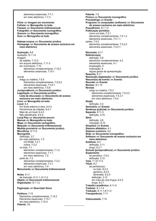 elementos essenciais, 7.7.1 Patente, 7.8
em meio eletrônico, 7.7.3 Pintura ver Documento iconográfico
Proceedings ver Evento
Filme ver Imagem em movimento Programa de computador (software) ver Documento
Folheto ver Monografia no todo de acesso exclusivo em meio eletrônico
Fósseis ver Documento tridimensional Pseudônimo, 8.1.1.3
Fotografia ver Documento iconográfico Publicação periódica
Gravura ver Documento iconográfico como um todo, 7.5.1
Guia ver Monografia no todo elementos complementares, 7.5.1.2
elementos essenciais, 7.5.1.1
Habeas-corpus ver Documento jurídico partes, 7.5.2
Homepage ver Documento de acesso exclusivo em elementos complementares, 7.5.2.2
meio eletrônico elementos essenciais, 7.5.2.1
Ilustração, 8.8 Recensão, 8.11
Ilustrador, 8.1.1.4 Referência(s)
Imagem definição, 3.9
de satélite, 7.12.3 elementos complementares, 4.2
em arquivo eletrônico, 7.11.3 elementos essenciais, 4.1
em movimento, 7.10 localização, 5
elementos complementares, 7.10.2 ordenação, 9
elementos essenciais, 7.10.1 regras gerais de apresentação
Resenha, 8.11
Jornal Resolução (legislação) ver Documento jurídico
Artigo ou matéria, 7.5.5 Resumo(s) de evento ver Evento
Elementos complementares, 7.5.5.2 Reunião ver Evento
elementos essenciais, 7.5.5.1 Revisor, 8.1.14
em meio eletrônico, 7.5.6 Revista
Jurisprudência ver Documento jurídico artigo ou matéria, 7.5.3
Legislação ver Documento jurídico elementos complementares, 7.5.3.2
Lista de discussão ver Documento de acesso elementos essenciais, 7.5.3.1
exclusivo em meio eletrônico em meio eletrônico, 7.5.4
Livro ver Monografia no todo Seção
Local, 8.4 definição, 3.3
Em fonte externa à obra, 8.4.3 Seminário ver Evento
Homônimos de cidades, 8.4.1 Sentença (judicial) ver Documento jurídico
Mais de um local, 8.4.2 Separata, 8.11.3
Não identificado, 8.4.4 definição, 3.10
Long Play ver documento sonoro Série
Manual ver Monografia no todo definição, 3.8
Mapa ver Documento cartográfico indicação, 8.10
Maquete ver Documento tridimensional Simpósio ver Evento
Medida provisória ver Documento jurídico Sistema alfabético, 9.1
Microficha, 8.11.5 Sistema numérico, 9.2
Monografia Slide ver Documento iconográfico
Definição, 3.7 Software ver Documento de acesso exclusivo em
em meio eletrônico, 7.2 meio eletrônico
CD-ROM, 7.2.1 Subtítulo, 8.2
online, 7.2.2 definição, 3.11
no todo, 7.1 longo, 8.2.1
elementos complementares, 7.1.2 Súmula (jurisprudência) ver Documento jurídico
elementos essenciais, 7.1.1 Suplemento
em meio eletrônico, 7.2 de periódico, 7.5.2
parte de, 7.3 definição, 3.12
elementos complementares, 7.3.2 Tese, 7.1.8.11.4
elementos essenciais, 7.3.1 Título, 8.2
em meio eletrônico, 7.4 de periódico(s)
Monumento ver Documento tridimensional no todo, 8.2.3
genérico, 8.2.4
Notas, 8.11 abreviado, 8.2.5
de tradução, 8.11.1, 8.11.2 definição, 3.13
Objeto ver Documento tridimensional em mais de uma língua, 8.2.2
Organizador, 8.1.1.2 longo, 8.2.1
Trabalho acadêmico, 8.11.4
Paginação ver Descrição física Tradutor, 8.1.1.4
Tradução, 8.11.1.8.11.2
Partitura, 7.15 Transparência, 7.11
Elementos complementares, 7.15.2
Elementos essenciais, 7.15.1 Videocassete, 7.10
em meio eletrônico, 7.15.3
Patente, 78. _______________
 