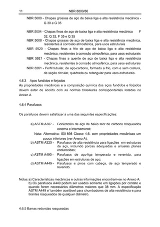 11 NBR 8800/86
NBR 5000 - Chapas grossas de aço de baixa liga e alta resistência mecânica -
G 30 e G 35
NBR 5004 - Chapas finas de aço de baixa liga e alta resistência mecânica F
32, Q 32, F 35 e Q 35
NBR 5008 - Chapas grossas de aço de baixa liga e alta resistência mecânica,
resistentes à corrosão atmosférica, para usos estruturais
NBR 5920 - Chapas finas a frio de aço de baixa liga e alta resistência
mecânica, resistentes à corrosão atmosférica, para usos estruturais
NBR 5921 - Chapas finas a quente de aço de baixa liga e alta resistência
mecânica, resistentes à corrosão atmosférica, para usos estruturais
NBR 8261 - Perfil tubular, de aço-carbono, formado a frio, com e sem costura,
de seção circular, quadrada ou retangular para usos estruturais.
4.6.3 Aços fundidos e forjados
As propriedades mecânicas e a composição química dos aços fundidos e forjados
devem estar de acordo com as normas brasileiras correspondentes listadas no
Anexo A.
4.6.4 Parafusos
Os parafusos devem satisfazer a uma das seguintes especificações:
a) ASTM A307 - Conectores de aço de baixo teor de carbono rosqueados
externa e internamente;
Nota: Alternativa: IS0-898 Classe 4.6. com propriedades mecânicas um
pouco inferiores (ver Anexo A).
b) ASTM A325 - Parafusos de alta resistência para ligações em estruturas
de aço, incluindo porcas adequadas e arruelas planas
endurecidas;
c) ASTM A490 - Parafusos de aço-liga temperado e revenido, para
ligações em estruturas de aço;
d) ASTM A449 - Parafusos e pinos com cabeça, de aço temperado e
revenido.
Notas:a) Características mecânicas e outras informações encontram-se no Anexo A.
b) Os parafusos A449 podem ser usados somente em ligações por contato e
quando forem necessários diâmetros maiores que 38 mm. A especificação
ASTM A449 e' também aceitável para chumbadores de alta resistência e para
tirantes rosqueados de qualquer diâmetro.
4.6.5 Barras redondas rosqueadas
 
