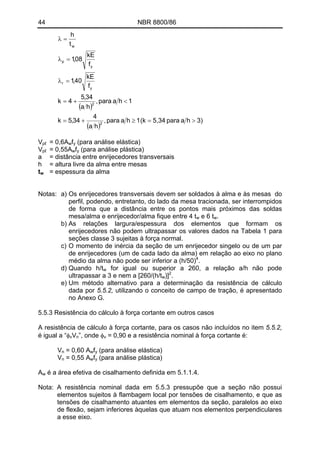 44 NBR 8800/86
( )
( )
3)hapara5,34(k1hapara,
ha
4
34,5k
1hapara,
ha
34,5
4k
f
kE
40,1
f
kE
08,1
t
h
2
2
y
r
y
p
w
>=≥+=
<+=
=λ
=λ
=λ
V = 0,6Apℓ wfy (para análise elástica)
= 0,55AVpℓ wfy (para análise plástica)
a = distância entre enrijecedores transversais
h = altura livre da alma entre mesas
tw = espessura da alma
Notas: a) Os enrijecedores transversais devem ser soldados à alma e às mesas do
perfil, podendo, entretanto, do lado da mesa tracionada, ser interrompidos
de forma que a distância entre os pontos mais próximos das soldas
mesa/alma e enrijecedor/alma fique entre 4 tw e 6 tw.
b) As relações largura/espessura dos elementos que formam os
enrijecedores não podem ultrapassar os valores dados na Tabela 1 para
seções classe 3 sujeitas à força normal.
c) O momento de inércia da seção de um enrijecedor singelo ou de um par
de enrijecedores (um de cada lado da alma) em relação ao eixo no plano
médio da alma não pode ser inferior a (h/50)4
.
d) Quando h/tw for igual ou superior a 260, a relação a/h não pode
ultrapassar a 3 e nem a [260/(h/tw)]2
.
e) Um método alternativo para a determinação da resistência de cálculo
dada por 5.5.2, utilizando o conceito de campo de tração, é apresentado
no Anexo G.
5.5.3 Resistência do cálculo à força cortante em outros casos
A resistência de cálculo à força cortante, para os casos não incluídos no item 5.5.2,
é igual a “φ V ”, onde φ = 0,90 e a resistência nominal à força cortante é:v n v
= 0,60 AVn wfy (para análise elástica)
= 0,55 AVn wfy (para análise plástica)
Aw é a área efetiva de cisalhamento definida em 5.1.1.4.
Nota: A resistência nominal dada em 5.5.3 pressupõe que a seção não possui
elementos sujeitos à flambagem local por tensões de cisalhamento, e que as
tensões de cisalhamento atuantes em elementos da seção, paralelos ao eixo
de flexão, sejam inferiores àquelas que atuam nos elementos perpendiculares
a esse eixo.
 