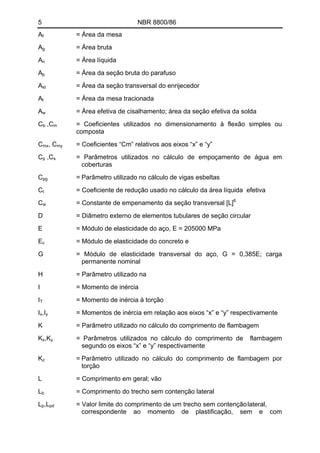 5 NBR 8800/86
Af = Área da mesa
Ag = Área bruta
An = Área líquida
Ap = Área da seção bruta do parafuso
Ast = Área da seção transversal do enrijecedor
At = Área da mesa tracionada
Aw = Área efetiva de cisalhamento; área da seção efetiva da solda
Cb ,Cm = Coeficientes utilizados no dimensionamento à flexão simples ou
composta
Cmx, Cmy = Coeficientes “Cm” relativos aos eixos “x” e “y”
Cp ,Cs = Parâmetros utilizados no cálculo de empoçamento de água em
coberturas
Cpg = Parâmetro utilizado no cálculo de vigas esbeltas
Ct = Coeficiente de redução usado no cálculo da área líquida efetiva
Cw = Constante de empenamento da seção transversal [L]6
D = Diâmetro externo de elementos tubulares de seção circular
E = Módulo de elasticidade do aço, E = 205000 MPa
Ec = Módulo de elasticidade do concreto e
G = Módulo de elasticidade transversal do aço, G = 0,385E; carga
permanente nominal
H = Parâmetro utilizado na
I = Momento de inércia
IT = Momento de inércia à torção
Ix,Iy = Momentos de inércia em relação aos eixos “x” e “y” respectivamente
K = Parâmetro utilizado no cálculo do comprimento de flambagem
Kx,Ky = Parâmetros utilizados no cálculo do comprimento de flambagem
segundo os eixos “x” e “y” respectivamente
Kz = Parâmetro utilizado no cálculo do comprimento de flambagem por
torção
L = Comprimento em geral; vão
Lb = Comprimento do trecho sem contenção lateral
Lp,Lpd = Valor limite do comprimento de um trecho sem contençãolateral,
correspondente ao momento de plastificação, sem e com
 