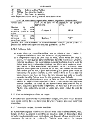 72 NBR 8800/86
(B) SAW Submerged Arc Welding
(C) GMAW Gas Metal Arc Welding
(D) FCAW Flux Cored Arc Welding
Nota: Ângulo do chanfro é o ângulo entre as faces de fusão
TABELA 6. Espessura da garganta efetiva da solda em juntas de superfície curva
Tipo de solda Raio (R) da barra ou de
dobramento
Espessura da garganta
efetiva
Abertura da junta
composta de uma
superfície plana e uma
curva
Qualquer R 5R/16
Abertura da junta
composta de duas
superfícies curvas
Qualquer R R/2(A)
(A) Usar 3R/8 para o processo de arco elétrico com proteção gasosa (exceto no
processo de transferência por curto circuito), quando R ≥ 25 mm.
7.2.2.2 Soldas de filete
a) a área efetiva de uma solda de filete deve ser calculada como o produto do
comprimento efetivo da solda pela espessura da garganta efetiva;
b) o comprimento efetivo de uma solda de filete, exceto filetes em furos ou
rasgos, deve ser igual ao comprimento total da solda de dimensão uniforme,
incluindo os retornos nas extremidades. A garganta efetiva de uma solda de
filete é igual à menor distancia medida da raiz à face plana teórica da solda;
para soldas de filete executadas pelo processo de arco submerso, essa
garganta efetiva pode ser acrescida de 2,8 mm, para soldas de filete com
perna maior que 9,5 mm, e pode ser tomada igual à perna, para soldas de
filete com perna igual ou inferior a 9,5mm. Perna do filete é o menor dos dois
lados, situados nas faces de fusão, do maior triângulo que pode ser inscrito
na seção da solda. Raiz da solda é a interseção das faces de fusão;
c) o comprimento efetivo de uma solda de filete em furos ou rasgos deve ser
medido ao longo da linha que passa pelos pontos médios das gargantas
efetivas uniformes. Se a área de uma solda de filete executada em furo ou
rasgo, calculada a partir deste comprimento, for maior que a área dada em
7.2.2.3, então esta última deverá ser usada como área efetiva da solda de
filete.
7.2.2.3 Soldas de tampão em furos ou rasgos
A área efetiva de cisalhamento de uma solda de tampão, em furo ou rasgo, deve ser
igual à área nominal da seção transversal do furo ou rasgo no plano das superfícies
em contato.
7.2.3 Combinação de tipos diferentes de soldas
Se numa mesma ligação forem usados dois ou mais tipos de solda (entalhe, filete,
tampão em furos ou rasgos), a resistência de cálculo de cada um desses tipos deve
ser determinada separadamente e referida ao eixo do grupo a fim de se determinar a
resistência de cálculo da combinação. Todavia, esse método de compor
 