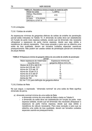 76 NBR 8800/86
TABELA 9 - Resistência mínima à tração do metal da solda
Metal da solda fw (MPa)
E60xx; F6x-EXXX;
E6XT-x
415
E70XX; F7X-EXXX;
ER70S-X; E7XT-X
485
7.2.6 Limitações
7.2.6.1 Soldas de entalhe
As espessuras mínimas de gargantas efetivas de soldas de entalhe de penetração
parcial estão indicadas na Tabela 10. A dimensão da solda deve ser estabelecida
em função da parte mais espessa soldada, exceto que tal dimensão não necessita
ultrapassar a espessura da parte menos espessa, desde que seja obtida a
resistência de cálculo necessária. Para essa exceção e para que se obtenha uma
solda de boa qualidade, devem ser tomados cuidados especiais usando-se
preaquecimento. Não podem ser usadas soldas de penetração parcial em emendas
de peças fletidas
TABELA 10 Espessura mínima da garganta efetiva de uma solda de entalhe de penetração
parcial
Maior espessura do metal base
na junta (mm)
Espessura mínima da
garganta efetiva (mm) (A)
Abaixo de 6,35 e até 6,35
Acima de 6,35 até 12,5
Acima de 12,5 até 19
Acima de 19 até 37,5
Acima de 37,5 até 57
Acima de 57 até 152
Acima de 152
3
5
6
8
10
13
16
(A) Ver 7.2.2 para definição de garganta efetiva
7.2.6.2 Soldas de filete
No que segue, a expressão “dimensão nominal” de uma solda de filete significa
dimensão da perna.
a) dimensão nominal mínima de uma solda de filete
- a dimensão mínima de uma solda de filete e dada na Tabela II;
- a dimensão da solda deve ser estabelecida em função da parte mais
espessa soldada, exceto que tal dimensão não necessita ultrapassar a
espessura da parte menos espessa, desde que seja obtida a
resistência de cálculo necessária. Para essa exceção e para que se
obtenha uma solda de boa qualidade, devem ser tomados cuidados
especiais usando-se preaquecimento;
 