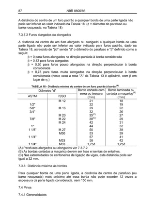 87 NBR 8800/86
A distância do centro de um furo padrão a qualquer borda de uma parte ligada não
pode ser inferior ao valor indicado na Tabela 18 (d = diâmetro do parafuso ou
barra rosqueada, na Tabela 18)
7.3.7.2 Furos alargados ou alongados
A distância do centro de um furo alargado ou alongado a qualquer borda de uma
parte ligada não pode ser inferior ao valor indicado para furos padrão, dado na
Tabela 18, acrescido de "βd" sendo "d" o diâmetro do parafuso e "β" definido como a
seguir:
β = 0 para furos alongados na direção paralela à borda considerada
β = 0,12 para furos alargados
β = 0,20 para furos pouco alongados na direção perpendicular à borda
considerada
β = 0,75 para furos muito alongados na direção perpendicular à borda
considerada (neste caso a nota "A" da Tabela 13 é aplicável, com β em
lugar de η2)
TABELA 18 - Distância mínima do centro de um furo padrão à borda (A)
Diâmetro "d"
ASTM ISSO
Borda cortada com
serra ou tesoura
(mm)
Borda laminada ou
cortada a maçarico(B)
(mm)
1/2"
5/8"
3/4"
7/8"
1"
1 1/8"
1 1/4"
1 1/4"
M 12
M 16
M 20
M 22
M 24
M 27
M30
M33
M33
21
22
29
32
35(C)
38(C)
42
44
50
53
57
58
1,75d
18
19
22
26
27
29
31
32
38
39
41
42
1,25d
(A) Parafusos alargados ou alongados ver 7.3.7.2.
(B) As bordas cortadas a maçarico devem ser lisas e isentas de entalhes.
(C) Nas extremidades de cantoneiras de ligação de vigas, esta distância pode ser
igual a 32 mm.
7.3.8 Distância máxima às bordas
Para qualquer borda de uma parte ligada, a distância do centro do parafuso (ou
barra rosqueada) mais próximo até essa borda não pode exceder 12 vezes a
espessura da parte ligada considerada, nem 150 mm.
7.4 Pinos
7.4.1 Generalidades
 