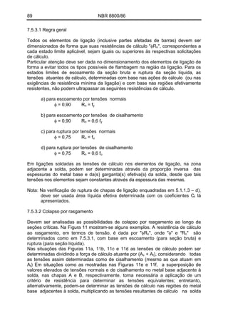 89 NBR 8800/86
7.5.3.1 Regra geral
Todos os elementos de ligação (inclusive partes afetadas de barras) devem ser
dimensionados de forma que suas resistências de cálculo "φRn", correspondentes a
cada estado limite aplicável, sejam iguais ou superiores às respectivas solicitações
de cálculo.
Particular atenção deve ser dada no dimensionamento dos elementos de ligação de
forma a evitar todos os tipos possíveis de flambagem na região da ligação. Para os
estados limites de escoamento da seção bruta e ruptura da seção líquida, as
tensões atuantes de cálculo, determinadas com base nas ações de cálculo (ou nas
exigências de resistência mínima da ligação) e com base nas regiões efetivamente
resistentes, não podem ultrapassar as seguintes resistências de cálculo.
a) para escoamento por tensões normais
φ = 0,90 Rn = fy
b) para escoamento por tensões de cisalhamento
φ = 0,90 Rn = 0,6 fy
c) para ruptura por tensões normais
φ = 0,75 Rn = fu
d) para ruptura por tensões de cisalhamento
φ = 0,75 Rn = 0,6 fu
Em ligações soldadas as tensões de cálculo nos elementos de ligação, na zona
adjacente a solda, podem ser determinadas através da proporção inversa das
espessuras do metal base e da(s) garganta(s) efetiva(s) da solda, desde que tais
tensões nos elementos sejam constantes através da espessura das mesmas.
Nota: Na verificação de ruptura de chapas de ligação enquadradas em 5.1.1.3 – d),
deve ser usada área líquida efetiva determinada com os coeficientes Ct lá
apresentados.
7.5.3.2 Colapso por rasgamento
Devem ser analisadas as possibilidades de colapso por rasgamento ao longo de
seções críticas. Na Figura 11 mostram-se alguns exemplos. A resistência de cálculo
ao rasgamento, em termos de tensão, é dada por "φRn", onde "φ" e "Rn" são
determinados como em 7.5.3.1, com base em escoamento (para seção bruta) e
ruptura (para seção líquida).
Nas situações das Figuras 11a, 11b, 11c e 11d as tensões de cálculo podem ser
determinadas dividindo a força de cálculo atuante por (Av + At), considerando todas
as tensões assim determinadas como de cisalhamento (mesmo as que atuam em
At) Em situações como as mostradas nas Figuras 11e e 11f, a superposição de
valores elevados de tensões normais e de cisalhamento no metal base adjacente à
solda, nas chapas A e B, respectivamente, torna necessária a aplicação de um
critério de resistência para determinar as tensões equivalentes; entretanto,
alternativamente, podem-se determinar as tensões de cálculo nas regiões do metal
base adjacentes à solda, multiplicando as tensões resultantes de cálculo na solda
 