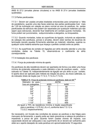 95 NBR 8800/86
ANSI B 27.2 (arruelas planas circulares) e na ANSI B 27.4 (arruelas biseladas
quadradas)
7.7.3 Partes parafusadas
7.7.3.1 Devem ser usadas arruelas biseladas endurecidas para compensar a falta
de paralelismo, quando uma das faces externas das partes parafusadas tiver mais
de 1:20 de inclinação em relação ao plano normal ao eixo do parafuso. As partes
parafusadas da estrutura não podem ser separadas por quaisquer materiais que não
sejam aços estruturais, devendo ficar totalmente em contato quando montadas. Os
furos podem ser puncionados, subpuncionados e alargados, ou broqueados.
7.7.3.2 Quando montadas, todas as superfícies da ligação, incluindo as adjacentes
às cabeças dos parafusos, porcas e arruelas, devem estar isentas de escamas de
laminação (exceto aquelas firmemente aderidas ao material), rebarbas, sujeiras ou
qualquer outra matéria estranha que impeça o perfeito contato entre as partes.
7.7.3.3 As superfícies de contato em ligações por atrito deverão atender a uma das
condições dadas na Tabela 15, observando-se o coeficiente de atrito
correspondente.
7.7.4 Instalação dos parafusos
7.7.4.1 Força de protensão mínima de aperto
Os parafusos de alta resistência devem ser apertados de forma a se obter uma força
mínima de protensão adequada a cada diâmetro e tipo de parafuso usado, como
indicado na Tabela 19, independentemente da ligação ser por atrito ou por contato.
O aperto deve ser aplicado pelo método da rotação da porca, da chave calibrada, ou
do indicador direto de tração (ver 7.7.4.3, 7.7.4.4 e 7.7.4.5).
TABELA 19 - Força de protensão mínima em parafusos, dada em kN (A)
ASTMDiâmetro do para-
fuso em polegadas A325 A490
1/2"
5/8"
3/4"
7/8"
1"
1 1/8"
1 1/4"
1 1/2"
53
85
125
173
227
250
317
460
66
106
156
216
283
357
453
659
(A) Igual a 70% da resistência mínima à tração especificada
para o parafuso = 0,70 Arfu (Ar e fu conforme itens 7.3.1.2 e
7.3.2.2, respectivamente).
Se necessário, em função das condições de acesso ao parafuso e das folgas para
manuseio da ferramenta, o aperto pode ser dado girando-se a cabeça do parafuso e
impedindo a porca de girar. Quando forem usadas chaves de impacto, sua
capacidade deverá ser adequada e seu suprimento de ar deverá ser suficiente para
obter-se o aperto desejado de cada parafuso em aproximadamente 10 segundos.
 