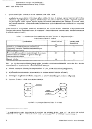 ABNT NBR 9735:2006
- quatro cones1) para sinalização da via, conforme ABNT NBR 15071;
- uma lanterna comum de no mínimo duas pilhas médias. No caso de produto a granel cujo risco principal ou
subsidiário seja inflamável ou explosivo, a lanterna deve ser para uso em locais sujeitos a fogo elou explosão
em presença de gases, vapores, líquidos e pós passíveis de sofrer ignição pela presença de faíscas, como,
por exemplo, lanterna a prova de explosão ou lanterna de segurança aumentada combinada com segurança
intrínseca.
Se na unidade de transporte for necessário desatrelar um dos veiculos e desta forma usar os equipamentos de
emergência no veículo imobilizado, antes de prosseguir a viagem devem ser providenciados novos equipamentos
de emergência conforme 4.2.
Tabela 1 -Tamanho mínimo da fita e quantidade mínima de dispositivos para
sinalização/isolarnento da área
4.2.5 Os veículos que transportam carga liquida embalada, além dos equipamentos citados em 4.2.4, podem
portar dispositivos para contenção (não obrigatórios), tais como:
a) martelo e batoques cônicos para tamponamento de furos, exceto para embalagens plásticas;
b) almofadas impermeáveis para tamponamento de cortes e rasgos (conforme a figura 2);
c) tirantes para fixação das almofadas adequados ao tamanho da embalagem (conforme a figura 2);
d) ou outros, ficando a critério do expedidor da carga.
Tipo de veículo
Caminhão, caminhão-trator com semi-reboque
(articulado), caminhão com reboque ou menor que
19,80 m de comprimento
Treminhão, bitrem, rodotrem ou combinação de veículos
com mais de duas unidades ou igual ou maior que
19,80 m de comprimento
Demais veículos
Vzuameniu
Figura 2 -Aplicação
'Tirantes
Almofadas
Tamanho da fita
m
1O0
200
50
da almofada e do tirante
Quantidade de
dispositivos
6
1O
4
I)Só serão permitidos para sinalização da via os cones que atenderem a ABNT NBR 15071, de acordo com o prazo
estabelecido para os órgãos e entidades de trânsito citados na Resolução n V 6 0 do CONTRAN e suas atualizações.
6 O ABNT 2006 -Todos os direitos reservados
Licença de uso exclusivo para Petrobras S.A.
Cópia impressa pelo Sistema Target CENWeb
 