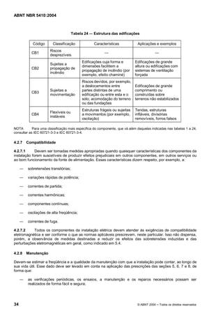 ABNT NBR 5410:2004



                                      Tabela 24   Estrutura das edificações

            Código      Classificação             Características             Aplicações e exemplos
                       Riscos
           CB1
                       desprezíveis
                                           Edificações cuja forma e         Edificações de grande
                       Sujeitas a
                                           dimensões facilitem a            altura ou edificações com
           CB2         propagação de
                                           propagação de incêndio (por      sistemas de ventilação
                       incêndio
                                           exemplo, efeito chaminé)         forçada
                                           Riscos devidos, por exemplo,
                                           a deslocamentos entre            Edificações de grande
                       Sujeitas a          partes distintas de uma          comprimento ou
           CB3
                       movimentação        edificação ou entre esta e o     construídas sobre
                                           solo; acomodação do terreno      terrenos não estabilizados
                                           ou das fundações
                                           Estruturas frágeis ou sujeitas   Tendas, estruturas
                       Flexíveis ou
           CB4                             a movimentos (por exemplo,       infláveis, divisórias
                       instáveis
                                           oscilação)                       removíveis, forros falsos

NOTA        Para uma classificação mais específica do componente, que vá além daquelas indicadas nas tabelas 1 a 24,
consultar as IEC 60721-3-3 e IEC 60721-3-4.

4.2.7   Compatibilidade

4.2.7.1      Devem ser tomadas medidas apropriadas quando quaisquer características dos componentes da
instalação forem suscetíveis de produzir efeitos prejudiciais em outros componentes, em outros serviços ou
ao bom funcionamento da fonte de alimentação. Essas características dizem respeito, por exemplo, a:

        sobretensões transitórias;

        variações rápidas de potência;

        correntes de partida;

        correntes harmônicas;

        componentes contínuas;

        oscilações de alta freqüência;

        correntes de fuga.

4.2.7.2    Todos os componentes da instalação elétrica devem atender às exigências de compatibilidade
eletromagnética e ser conforme o que as normas aplicáveis prescrevem, neste particular. Isso não dispensa,
porém, a observância de medidas destinadas a reduzir os efeitos das sobretensões induzidas e das
perturbações eletromagnéticas em geral, como indicado em 5.4.

4.2.8   Manutenção

Devem-se estimar a freqüência e a qualidade da manutenção com que a instalação pode contar, ao longo de
sua vida útil. Esse dado deve ser levado em conta na aplicação das prescrições das seções 5, 6, 7 e 8, de
forma que:

        as verificações periódicas, os ensaios, a manutenção e os reparos necessários possam ser
        realizados de forma fácil e segura;




34                                                                            © ABNT 2004   Todos os direitos reservados
 