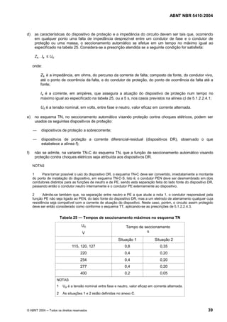 ABNT NBR 5410:2004



d)    as características do dispositivo de proteção e a impedância do circuito devem ser tais que, ocorrendo
      em qualquer ponto uma falta de impedância desprezível entre um condutor de fase e o condutor de
      proteção ou uma massa, o seccionamento automático se efetue em um tempo no máximo igual ao
      especificado na tabela 25. Considera-se a prescrição atendida se a seguinte condição for satisfeita:

      Zs . Ia   Uo

     onde:

          Zs é a impedância, em ohms, do percurso da corrente de falta, composto da fonte, do condutor vivo,
          até o ponto de ocorrência da falta, e do condutor de proteção, do ponto de ocorrência da falta até a
          fonte;

          Ia é a corrente, em ampères, que assegura a atuação do dispositivo de proteção num tempo no
          máximo igual ao especificado na tabela 25, ou a 5 s, nos casos previstos na alínea c) de 5.1.2.2.4.1;

          Uo é a tensão nominal, em volts, entre fase e neutro, valor eficaz em corrente alternada.

e)    no esquema TN, no seccionamento automático visando proteção contra choques elétricos, podem ser
      usados os seguintes dispositivos de proteção:

          dispositivos de proteção a sobrecorrente;

          dispositivos de proteção a corrente diferencial-residual (dispositivos DR), observado o que
          estabelece a alínea f);

f)    não se admite, na variante TN-C do esquema TN, que a função de seccionamento automático visando
      proteção contra choques elétricos seja atribuída aos dispositivos DR.

     NOTAS

     1     Para tornar possível o uso do dispositivo DR, o esquema TN-C deve ser convertido, imediatamente a montante
     do ponto de instalação do dispositivo, em esquema TN-C-S. Isto é: o condutor PEN deve ser desmembrado em dois
     condutores distintos para as funções de neutro e de PE, sendo esta separação feita do lado fonte do dispositivo DR,
     passando então o condutor neutro internamente e o condutor PE externamente ao dispositivo.

     2      Admite-se também que, na separação entre neutro e PE a que alude a nota 1, o condutor responsável pela
     função PE não seja ligado ao PEN, do lado fonte do dispositivo DR, mas a um eletrodo de aterramento qualquer cuja
     resistência seja compatível com a corrente de atuação do dispositivo. Neste caso, porém, o circuito assim protegido
     deve ser então considerado como conforme o esquema TT, aplicando-se as prescrições de 5.1.2.2.4.3.


                         Tabela 25       Tempos de seccionamento máximos no esquema TN

                                       Uo                          Tempo de seccionamento
                                        V                                    s

                                                              Situação 1             Situação 2
                                115, 120, 127                     0,8                    0,35
                                       220                        0,4                    0,20
                                       254                        0,4                    0,20
                                       277                        0,4                    0,20
                                       400                        0,2                    0,05
                     NOTAS
                     1    Uo é a tensão nominal entre fase e neutro, valor eficaz em corrente alternada.

                     2    As situações 1 e 2 estão definidas no anexo C.



© ABNT 2004     Todos os direitos reservados                                                                        39
 
