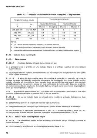 ABNT NBR 5410:2004



                    Tabela 26       Tempos de seccionamento máximos no esquema IT (segunda falta)

                                                                      Tempo de seccionamento
                Tensão nominal do circuito
                                                                                s

                    U                   Uo             Neutro não distribuído               Neutro distribuído
                    V                   V            Situação 1      Situação 2         Situação 1      Situação 2
              208, 220, 230       115, 120, 127          0,8             0,4                5                 1
                380, 400            220, 230             0,4             0,2               0,8               0,5
                440, 480            254, 277             0,4             0,2               0,8               0,5
                   690                 400               0,2             0,06              0,4               0,2
          NOTAS
          1     U é a tensão nominal entre fases, valor eficaz em corrente alternada.
          2    Uo é a tensão nominal entre fase e neutro, valor eficaz em corrente alternada.

          3    Para valores intermediários de tensão deve ser adotado o valor (da tabela) imediatamente superior.

5.1.2.3        Isolação dupla ou reforçada

5.1.2.3.1        Generalidades

5.1.2.3.1.1          A isolação dupla ou reforçada é uma medida em que:

a)   a proteção básica é provida por uma isolação básica e a proteção supletiva por uma isolação
     suplementar; ou

b)   as proteções básica e supletiva, simultaneamente, são providas por uma isolação reforçada entre partes
     vivas e partes acessíveis.

5.1.2.3.1.2     A aplicação desta medida como única medida de proteção (por exemplo, na forma de
circuitos ou partes da instalação constituídas inteiramente de componentes com dupla isolação ou com
isolação reforçada) só é admitida se forem tomadas todas as providências para garantir que eventuais
alterações posteriores não venham a colocar em risco a efetividade da medida. Além disso, não se admite,
em nenhuma circunstância, a aplicação da isolação dupla ou reforçada como única medida de proteção em
linhas que incluam pontos de tomada.

NOTA        As providências mencionadas em 5.1.2.3.1.2 podem incluir o controle direto e permanente da parte assim
constituída por pessoas qualificadas ou advertidas (BA5 ou BA4, ver tabela 18).

5.1.2.3.1.3     No uso da isolação dupla ou reforçada como medida de proteção, distinguem-se duas
possibilidades:

a) componentes já providos de origem com isolação dupla ou reforçada;

b) componentes aos quais a isolação dupla ou reforçada é provida durante a execução da instalação.

No caso da alínea a), as prescrições pertinentes são as de 5.1.2.3.2; no caso da alínea b), as de 5.1.2.3.3.
No caso particular de linhas elétricas, devem ser observadas também as prescrições de 5.1.2.3.4.

5.1.2.3.2        Isolação dupla ou reforçada de origem

5.1.2.3.2.1    Os componentes devem ter sido submetidos aos ensaios de tipo, marcados conforme as
normas aplicáveis e ser:

a) componentes com isolação dupla ou reforçada (equipamentos classe II); ou



42                                                                                      © ABNT 2004   Todos os direitos reservados
 