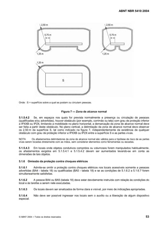 ABNT NBR 5410:2004




Onde : S = superfície sobre a qual se postam ou circulam pessoas.


                                              Figura 7   Zona de alcance normal

5.1.5.4.2    Se, em espaços nos quais for prevista normalmente a presença ou circulação de pessoas
(qualificadas e/ou advertidas), houver obstáculo (por exemplo, corrimão ou tela) com grau de proteção inferior
a IPXXB ou IP2X, limitando a mobilidade no plano horizontal, a demarcação da zona de alcance normal deve
ser feita a partir deste obstáculo. No plano vertical, a delimitação da zona de alcance normal deve observar
os 2,50 m da superfície S, tal como indicado na figura 7, independentemente da existência de qualquer
obstáculo com grau de proteção inferior a IPXXB ou IP2X entre a superfície S e as partes vivas.

NOTA       Os afastamentos delimitadores da zona de alcance normal são válidos para a hipótese de risco de as partes
vivas serem tocadas diretamente com as mãos, sem considerar elementos como ferramentas ou escadas.

5.1.5.4.3  Em locais onde objetos condutivos compridos ou volumosos forem manipulados habitualmente,
os afastamentos exigidos em 5.1.5.4.1 e 5.1.5.4.2 devem ser aumentados levando-se em conta as
dimensões de tais objetos.

5.1.6     Omissão da proteção contra choques elétricos

5.1.6.1     Admite-se omitir a proteção contra choques elétricos nos locais acessíveis somente a pessoas
advertidas (BA4 - tabela 18) ou qualificadas (BA5 - tabela 18) e se as condições de 5.1.6.2 a 5.1.6.7 forem
simultaneamente satisfeitas.

5.1.6.2      A pessoa BA4 ou BA5 (tabela 18) deve estar devidamente instruída com relação às condições do
local e às tarefas a serem nele executadas.

5.1.6.3       Os locais devem ser sinalizados de forma clara e visível, por meio de indicações apropriadas.

5.1.6.4       Não deve ser possível ingressar nos locais sem o auxílio ou a liberação de algum dispositivo
especial.




© ABNT 2004    Todos os direitos reservados                                                                     53
 