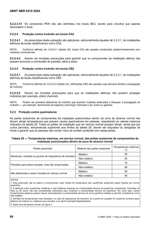 ABNT NBR 5410:2004



5.2.2.3.13 Os condutores PEN não são admitidos nos locais BE2, exceto para circuitos que apenas
atravessem o local.

5.2.2.4     Proteção contra incêndio em locais CA2

5.2.2.4.1    As prescrições desta subseção são aplicáveis, adicionalmente àquelas de 5.2.2.1, às instalações
elétricas de locais classificáveis como CA2.

NOTA        Conforme definido em 4.2.6.3.1 (tabela 23), locais CA2 são aqueles construídos predominantemente com
materiais combustíveis.

5.2.2.4.2  Devem ser tomadas precauções para garantir que os componentes da instalação elétrica não
possam provocar a combustão de paredes, tetos e pisos.

5.2.2.5     Proteção contra incêndio em locais CB2

5.2.2.5.1    As prescrições desta subseção são aplicáveis, adicionalmente àquelas de 5.2.2.1, às instalações
elétricas de locais classificáveis como CB2.

NOTA        Conforme definido em 4.2.6.3.2 (tabela 24), edificações CB2 são aquelas cuja estrutura facilita a propagação
de incêndio.

5.2.2.5.2   Devem ser tomadas precauções para que as instalações elétricas não possam propagar
incêndios (por exemplo, efeito chaminé).

NOTA        Podem ser previstos detectores de incêndio que acionem medidas destinadas a bloquear a propagação do
incêndio    por exemplo, fechamento de registros corta-fogo ( dampers ) em dutos ou galerias.

5.2.3     Proteção contra queimaduras

As partes acessíveis de componentes da instalação posicionados dentro da zona de alcance normal não
devem atingir temperaturas que possam causar queimaduras em pessoas, respeitando os valores máximos
indicados na tabela 29. Todas as partes da instalação que em serviço normal possam atingir, ainda que por
curtos períodos, temperaturas superiores aos limites da tabela 29, devem ser dispostas ou abrigadas de
modo a garantir que as pessoas não corram risco de contato acidental com essas partes.

 Tabela 29        Temperaturas máximas, em serviço normal, das partes acessíveis de componentes da
                       instalação posicionados dentro da zona de alcance normal

                                                                                                        Temperaturas máximas
                        Partes acessíveis                          Material das partes acessíveis
                                                                                                                 °C
                                                                     Metálico                                      55
Alavancas, volantes ou punhos de dispositivos de manobra
                                                                     Não-metálico                                  65
                                                                     Metálico                                      70
Previstas para serem tocadas, mas não empunhadas
                                                                     Não-metálico                                  80
                                                                     Metálico                                      80
Não destinadas a serem tocadas em serviço normal
                                                                     Não-metálico                                  90
NOTAS
1 Esta prescrição não se aplica a componentes cujos limites de temperatura das superfícies acessíveis sejam fixados por norma
específica.
2 A distinção entre superfícies metálicas e não-metálicas depende da condutividade térmica da superfície considerada. Camadas de
tinta ou de verniz não são consideradas suficientes para modificar a condutividade térmica da superfície. Por outro lado, certos
revestimentos plásticos podem reduzir sensivelmente a condutividade térmica de uma superfície metálica e permitir considerá-la como
não-metálica.
3 Admitem-se temperaturas mais elevadas, no caso de dispositivos de manobra, se a parte em questão for acessível somente após
abertura do invólucro ou cobertura que a envolve, e se não for acionada freqüentemente.
4 Sobre zona de alcance normal, ver figura 7.




60                                                                                      © ABNT 2004     Todos os direitos reservados
 