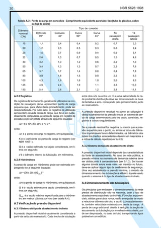 30 NBR 5626:1998
A.2.3 Registros
Os registros de fechamento, geralmente utilizados na con-
dição de passagem plena, apresentam perda de carga
pequena que, para efeito deste procedimento, pode ser
desconsiderada. Por outro lado, os registros de utilização
apresentam elevada perda de carga, que deve ser cuida-
dosamente computada. A perda de carga em registro de
pressão pode ser obtida através da seguinte equação:
∆h = 8 x 106
x K x Q 2
x π -2
x d -4
onde:
∆h é a perda de carga no registro, em quilopascal;
K é o coeficiente de perda de carga do registro (ver
NBR 10071);
Q é a vazão estimada na seção considerada, em li-
tros por segundo;
d é o diâmetro interno da tubulação, em milímetros.
A.2.4 Hidrômetros
A perda de carga em hidrômetro pode ser estimada em-
pregando-se a seguinte equação:
∆h = (36 x Q)2
x (Qmáx.
) -2
onde:
∆h é a perda de carga no hidrômetro, em quilopascal;
Q é a vazão estimada na seção considerada, em li-
tros por segundo;
Qmáx.
é a vazão máxima especificada para o hidrôme-
tro, em metros cúbicos por hora (ver tabela A.4).
A.3 Verificação da pressão disponível
A.3.1 Sistema de tipo de abastecimento indireto
A pressão disponível inicial é usualmente considerada a
partir da saída do reservatório. Cada trecho de tubulação
entre dois nós ou entre um nó e uma extremidade da re-
de predial de distribuição deve ser dimensionado na base
de tentativa e erro, começando pelo primeiro trecho junto
ao reservatório.
A pressão disponível residual no ponto de utilização é
obtida subtraindo-se da pressão inicial os valores de per-
da de carga determinados para os tubos, conexões, re-
gistros e outras singularidades.
Se a pressão residual for negativa ou menor que a pres-
são requerida para o ponto, ou ainda se tubos de diâme-
tros impraticáveis forem determinados, os diâmetros dos
tubos dos trechos antecedentes devem ser majorados e
a rotina de cálculo repetida (ver A.4.3).
A.3.2 Sistema de tipo de abastecimento direto
A pressão disponível inicial depende das características
da fonte de abastecimento. No caso de rede pública, a
pressão mínima no momento de demanda máxima deve
ser obtida junto à concessionária (ver 5.1.3). Se houver
alguma dúvida sobre esse valor ser mantido no futuro,
deve-se aplicar algum tipo de coeficiente de segurança.
Uma vez estabelecida a pressão mínima, o método de
dimensionamento das tubulações é idêntico àquele usado
quando o sistema é do tipo de abastecimento indireto.
A.4 Dimensionamento das tubulações
Os princípios que embasam o dimensionamento da rede
predial de distribuição são os mesmos, quer o tipo de
abastecimento seja direto ou indireto. Fórmulas exponen-
ciais, válidas para tubos novos, estão arranjadas de modo
a relacionar diâmetro de tubo e vazão (conseqüentemen-
te, também velocidade máxima) com perda de carga. A
perda de carga adicional, devida à redução da seção de
escoamento da tubulação por envelhecimento desta, po-
de ser desprezada, no caso de tubo transportando água
potável em um edifício.
Tabela A.3 - Perda de carga em conexões - Comprimento equivalente para tubo liso (tubo de plástico, cobre
ou liga de cobre)
Tipo de conexão
Cotovelo Cotovelo Curva Curva Tê Tê
90° 45° 90° 45° passagem passagem
direta lateral
15 1,1 0,4 0,4 0,2 0,7 2,3
20 1,2 0,5 0,5 0,3 0,8 2,4
25 1,5 0,7 0,6 0,4 0,9 3,1
32 2,0 1,0 0,7 0,5 1,5 4,6
40 3,2 1,0 1,2 0,6 2,2 7,3
50 3,4 1,3 1,3 0,7 2,3 7,6
65 3,7 1,7 1,4 0,8 2,4 7,8
80 3,9 1,8 1,5 0,9 2,5 8,0
100 4,3 1,9 1,6 1,0 2,6 8,3
125 4,9 2,4 1,9 1,1 3,3 10,0
150 5,4 2,6 2,1 1,2 3,8 11,1
Diâmetro
nominal
(DN)
Cópia não autorizada
 