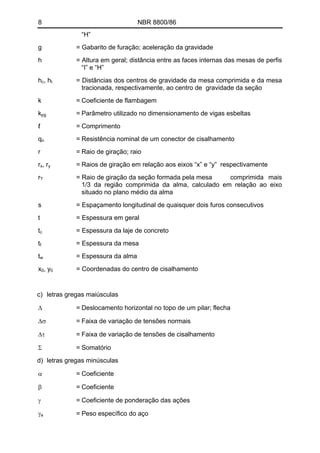 8 NBR 8800/86 
“H” 
g = Gabarito de furação; aceleração da gravidade 
h = Altura em geral; distância entre as faces internas das mesas de perfis “I” e “H” 
hc, ht = Distâncias dos centros de gravidade da mesa comprimida e da mesa tracionada, respectivamente, ao centro de gravidade da seção 
k = Coeficiente de flambagem 
kpg = Parâmetro utilizado no dimensionamento de vigas esbeltas 
ℓ = Comprimento 
qn = Resistência nominal de um conector de cisalhamento 
r = Raio de giração; raio 
rx, ry = Raios de giração em relação aos eixos “x” e “y” respectivamente 
rT = Raio de giração da seção formada pela mesa comprimida mais 1/3 da região comprimida da alma, calculado em relação ao eixo situado no plano médio da alma 
s = Espaçamento longitudinal de quaisquer dois furos consecutivos 
t = Espessura em geral 
tc = Espessura da laje de concreto 
tf = Espessura da mesa 
tw = Espessura da alma 
x0, y0 = Coordenadas do centro de cisalhamento 
c) letras gregas maiúsculas 
Δ = Deslocamento horizontal no topo de um pilar; flecha 
Δσ = Faixa de variação de tensões normais 
Δτ = Faixa de variação de tensões de cisalhamento 
Σ = Somatório 
d) letras gregas minúsculas 
α = Coeficiente 
β = Coeficiente 
γ = Coeficiente de ponderação das ações 
γa = Peso específico do aço  