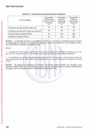 ABNT NBR 5410:2004
100 © ABNT 2004 ņ Todos os direitos reservados
Tabela 35 — Temperaturas características dos condutores
Tipo de isolação
Temperatura
máxima para
serviço contínuo
(condutor)
o
C
Temperatura
limite de
sobrecarga
(condutor)
o
C
Temperatura
limite de
curto-circuito
(condutor)
o
C
Policloreto de vinila (PVC) até 300 mm2 70 100 160
Policloreto de vinila (PVC) maior que 300 mm2 70 100 140
Borracha etileno-propileno (EPR) 90 130 250
Polietileno reticulado (XLPE) 90 130 250
6.2.5.2.2 A prescrição de 6.2.5.2.1 é considerada atendida se a corrente nos condutores não for superior
às capacidades de condução de corrente adequadamente obtidas das tabelas 36 a 39, corrigidas, se for o
caso, pelos fatores indicados nas tabelas 40 a 45.
NOTAS
1 As tabelas 36 a 39 fornecem as capacidades de condução de corrente para os métodos de referência A1, A2, B1,
B2, C, D, E, F e G descritos em 6.2.5.1.2, aplicáveis a diversos tipos de linhas, conforme indicado na tabela 33.
2 As capacidades de condução de corrente dadas nas tabelas 36 a 39 referem-se a funcionamento contínuo em
regime permanente (fator de carga 100%), em corrente contínua ou em corrente alternada com freqüência de 50 Hz
ou 60 Hz.
6.2.5.2.3 Os valores de capacidade de condução de corrente podem também ser calculados como
indicado na ABNT NBR 11301. Dependendo do caso, pode ser necessário levar em conta as características
da carga e, para os cabos enterrados, a resistividade térmica real do solo.
Exemplar
para
uso
exclusivo
-
CONNECTCOM
TELEINFORMATICA
COMERCIO
E
SERVICOS
LTDA
-
00.308.141/0002-57
(Pedido
208272
Impresso:
22/01/2010)
 