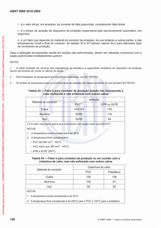 ABNT NBR 5410:2004
148 © ABNT 2004 ņ Todos os direitos reservados
I é o valor eficaz, em ampères, da corrente de falta presumida, considerando falta direta;
t é o tempo de atuação do dispositivo de proteção responsável pelo seccionamento automático, em
segundos;
k é um fator que depende do material do condutor de proteção, de sua isolação e outras partes, e das
temperaturas inicial e final do condutor. As tabelas 53 a 57 indicam valores de k para diferentes tipos
de condutores de proteção.
Caso a aplicação da expressão resulte em seções não padronizadas, devem ser utilizados condutores com a
seção padronizada imediatamente superior.
NOTAS
1 O efeito limitador de corrente das impedâncias do circuito e a capacidade limitadora do dispositivo de proteção
devem ser levados em conta no cálculo da seção.
2 Para limitações de temperatura em atmosferas explosivas, ver IEC 60079-0.
3 Os limites de temperatura para os diversos tipos de isolação são dados na tabela 35 (ver também IEC 60724).
Tabela 53 — Fator k para condutor de proteção isolado não incorporado a
cabo multipolar e não enfeixado com outros cabos
Material do condutor
Isolação
PVC(
*)
EPR ou XLPE
Cobre 143/133 176
Alumínio 95/88 116
Aço 52/49 64
(*) O valor mais baixo aplica-se a condutores com seção maior que 300 mm
2
.
NOTAS
1 A temperatura inicial considerada é de 30°C.
2 A temperatura final considerada é:
– PVC até 300 mm2
: 160°C;
– PVC maior que 300 mm2
: 140°C;
– EPR e XLPE: 250°C.
Tabela 54 — Fator k para condutor de proteção nu em contato com a
cobertura de cabo, mas não enfeixado com outros cabos
Material do condutor
Cobertura do cabo
PVC Polietileno
Cobre 159 138
Alumínio 105 91
Aço 58 50
NOTAS
1 A temperatura inicial considerada é de 30°C.
2 A temperatura final considerada é de 200°C para o PVC e 150°C para o polietileno.
Exemplar
para
uso
exclusivo
-
CONNECTCOM
TELEINFORMATICA
COMERCIO
E
SERVICOS
LTDA
-
00.308.141/0002-57
(Pedido
208272
Impresso:
22/01/2010)
 