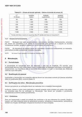 ABNT NBR 5410:2004
168 © ABNT 2004 ņ Todos os direitos reservados
Tabela 61 — Ensaio de tensão aplicada – Valores da tensão de ensaio (V)
U1)
(V eficaz)
Isolação
básica
Isolação
suplementar
Isolação
reforçada
50 500 500 750
133 1 000 1 000 1 750
230 1 500 1 500 2 750
400 2 000 2 000 3 750
690 2 750 2 750 4 500
1 000 3 500 3 500 5 500
1)
Tensão entre fase e neutro em esquemas TN e TT; tensão ente fases em esquemas IT.
7.3.7 Ensaios de funcionamento
7.3.7.1 Montagens tais como quadros elétricos, acionamentos, controles, intertravamentos, comandos
etc. devem ser submetidas a um ensaio de funcionamento para verificar se o conjunto se encontra
corretamente montado, ajustado e instalado em conformidade com esta Norma.
7.3.7.2 Os dispositivos de proteção devem ser submetidos a ensaios de funcionamento, se necessário,
para verificar se estão corretamente instalados e ajustados.
NOTA Ver anexo H para exemplos de ensaios em dispositivos DR.
8 Manutenção
8.1 Periodicidade
A periodicidade da manutenção deve ser adequada a cada tipo de instalação. Por exemplo, essa
periodicidade deve ser tanto menor quanto maior a complexidade da instalação (quantidade e diversidade de
equipamentos), sua importância para as atividades desenvolvidas no local e a severidade das influências
externas a que está sujeita.
8.2 Qualificação do pessoal
Verificações e intervenções nas instalações elétricas devem ser executadas somente por pessoas advertidas
(BA4) ou qualificadas (BA5), conforme tabela 18.
8.3 Verificações de rotina – Manutenção preventiva
Sempre que possível, as verificações devem ser realizadas com a instalação desenergizada.
Invólucros, tampas e outros meios destinados a garantir proteção contra contatos com partes vivas podem
ser removidos para fins de verificação ou manutenção, mas devem ser completa e prontamente
restabelecidos ao término destes procedimentos.
8.3.1 Condutores
Deve ser inspecionado o estado da isolação dos condutores e de seus elementos de conexão, fixação e
suporte, com vista a detectar sinais de aquecimento excessivo, rachaduras e ressecamentos, verificando-se
também se a fixação, identificação e limpeza se encontram em boas condições.
Exemplar
para
uso
exclusivo
-
CONNECTCOM
TELEINFORMATICA
COMERCIO
E
SERVICOS
LTDA
-
00.308.141/0002-57
(Pedido
208272
Impresso:
22/01/2010)
 