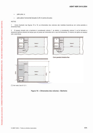 ABNT NBR 5410:2004
© ABNT 2004 ņ Todos os direitos reservados 171
ʊ pelo piso; e
ʊ pelo plano horizontal situado 2,25 m acima do piso.
NOTAS
1 Como ilustrado nas figuras 16 a 18, as dimensões dos volumes são medidas levando-se em conta paredes e
divisórias fixas.
2 O espaço situado sob a banheira é considerado volume 1, se aberto, e considerado volume 3, se for fechado e
acessível apenas através de tampa que só possa ser removida com o uso de ferramenta. O mesmo se aplica ao espaço
sob o piso-boxe.
(*) Ver nota 2 de 9.1.2.1.
Figura 16 — Dimensões dos volumes – Banheira
Exemplar
para
uso
exclusivo
-
CONNECTCOM
TELEINFORMATICA
COMERCIO
E
SERVICOS
LTDA
-
00.308.141/0002-57
(Pedido
208272
Impresso:
22/01/2010)
 