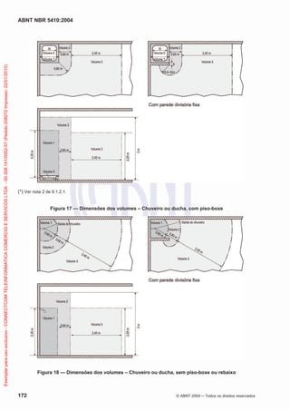 ABNT NBR 5410:2004
172 © ABNT 2004 ņ Todos os direitos reservados
(*) Ver nota 2 de 9.1.2.1.
Figura 17 — Dimensões dos volumes – Chuveiro ou ducha, com piso-boxe
Figura 18 — Dimensões dos volumes – Chuveiro ou ducha, sem piso-boxe ou rebaixo
Exemplar
para
uso
exclusivo
-
CONNECTCOM
TELEINFORMATICA
COMERCIO
E
SERVICOS
LTDA
-
00.308.141/0002-57
(Pedido
208272
Impresso:
22/01/2010)
 