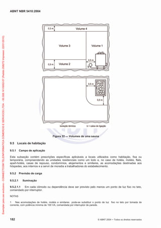 ABNT NBR 5410:2004
182 © ABNT 2004 ņ Todos os direitos reservados
Figura 22 — Volumes de uma sauna
9.5 Locais de habitação
9.5.1 Campo de aplicação
Esta subseção contém prescrições específicas aplicáveis a locais utilizados como habitação, fixa ou
temporária, compreendendo as unidades residenciais como um todo e, no caso de hotéis, motéis, flats,
apart-hotéis, casas de repouso, condomínios, alojamentos e similares, as acomodações destinadas aos
hóspedes, aos internos e a servir de moradia a trabalhadores do estabelecimento.
9.5.2 Previsão de carga
9.5.2.1 Iluminação
9.5.2.1.1 Em cada cômodo ou dependência deve ser previsto pelo menos um ponto de luz fixo no teto,
comandado por interruptor.
NOTAS
1 Nas acomodações de hotéis, motéis e similares pode-se substituir o ponto de luz fixo no teto por tomada de
corrente, com potência mínima de 100 VA, comandada por interruptor de parede.
Exemplar
para
uso
exclusivo
-
CONNECTCOM
TELEINFORMATICA
COMERCIO
E
SERVICOS
LTDA
-
00.308.141/0002-57
(Pedido
208272
Impresso:
22/01/2010)
 