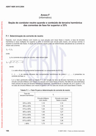 ABNT NBR 5410:2004
196 © ABNT 2004 ņ Todos os direitos reservados
Anexo F
(informativo)
Seção do condutor neutro quando o conteúdo de terceira harmônica
das correntes de fase for superior a 33%
F.1 Determinação da corrente de neutro
Quando, num circuito trifásico com neutro ou num circuito com duas fases e neutro, a taxa de terceira
harmônica e seus múltiplos for superior a 33%, a corrente que circula pelo neutro, em serviço normal, é
superior à corrente das fases. A seção do condutor neutro pode ser determinada calculando-se a corrente no
neutro sob a forma:
B
h
N I
f
I
onde:
IB é a corrente de projeto do circuito, valor eficaz total:
2
2
2
2
1 ... n
j
i
B I
I
I
I
I 



sendo
I1 o valor eficaz da componente fundamental, ou componente de 60 Hz;
Ii , Ij , ... In os valores eficazes das componentes harmônicas de ordem i , j , ... n presentes na
corrente de fase; e
fh é o fator pertinente dado na tabela F.1, em função da taxa de terceira harmônica e do tipo de
circuito (circuito trifásico com neutro ou circuito com duas fases e neutro). Na falta de uma estimativa
mais precisa da taxa de terceira harmônica esperada, recomenda-se a adoção de um fh igual a 1,73
no caso de circuito trifásico com neutro e igual a 1,41 no caso de circuito com duas fases e neutro.
Tabela F.1 — Fator fh para a determinação da corrente de neutro
Taxa de
terceira harmônica
fh
Circuito trifásico
com neutro
Circuito com duas
fases e neutro
33% a 35% 1,15 1,15
36% a 40% 1,19 1,19
41% a 45% 1,24 1,23
46% a 50% 1,35 1,27
51% a 55% 1,45 1,30
56% a 60% 1,55 1,34
61% a 65% 1,64 1,38
t 66% 1,73 1,41
Exemplar
para
uso
exclusivo
-
CONNECTCOM
TELEINFORMATICA
COMERCIO
E
SERVICOS
LTDA
-
00.308.141/0002-57
(Pedido
208272
Impresso:
22/01/2010)
 