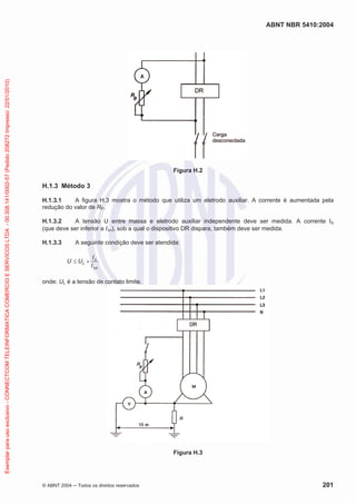 ABNT NBR 5410:2004
© ABNT 2004 ņ Todos os direitos reservados 201
Figura H.2
H.1.3 Método 3
H.1.3.1 A figura H.3 mostra o método que utiliza um eletrodo auxiliar. A corrente é aumentada pela
redução do valor de RP.
H.1.3.2 A tensão U entre massa e eletrodo auxiliar independente deve ser medida. A corrente Iǻ
(que deve ser inferior a I'n), sob a qual o dispositivo DR dispara, também deve ser medida.
H.1.3.3 A seguinte condição deve ser atendida:
n
L
I
I
U
U
'
'
u
d
onde: UL é a tensão de contato limite.
Figura H.3
Exemplar
para
uso
exclusivo
-
CONNECTCOM
TELEINFORMATICA
COMERCIO
E
SERVICOS
LTDA
-
00.308.141/0002-57
(Pedido
208272
Impresso:
22/01/2010)
 