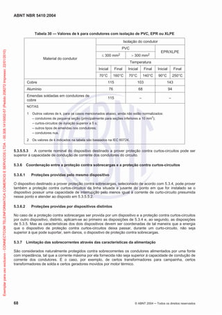 ABNT NBR 5410:2004
68 © ABNT 2004 ņ Todos os direitos reservados
Tabela 30 — Valores de k para condutores com isolação de PVC, EPR ou XLPE
Material do condutor
Isolação do condutor
PVC
EPR/XLPE
d 300 mm2 ! 300 mm2
Temperatura
Inicial Final Inicial Final Inicial Final
70°C 160°C 70°C 140°C 90°C 250°C
Cobre 115 103 143
Alumínio 76 68 94
Emendas soldadas em condutores de
cobre
115 – –
NOTAS
1 Outros valores de k, para os casos mencionados abaixo, ainda não estão normalizados:
– condutores de pequena seção (principalmente para seções inferiores a 10 mm
2
);
– curtos-circuitos de duração superior a 5 s;
– outros tipos de emendas nos condutores;
– condutores nus.
2 Os valores de k indicados na tabela são baseados na IEC 60724.
5.3.5.5.3 A corrente nominal do dispositivo destinado a prover proteção contra curtos-circuitos pode ser
superior à capacidade de condução de corrente dos condutores do circuito.
5.3.6 Coordenação entre a proteção contra sobrecargas e a proteção contra curtos-circuitos
5.3.6.1 Proteções providas pelo mesmo dispositivo
O dispositivo destinado a prover proteção contra sobrecargas, selecionado de acordo com 5.3.4, pode prover
também a proteção contra curtos-circuitos da linha situada a jusante do ponto em que for instalado se o
dispositivo possuir uma capacidade de interrupção pelo menos igual à corrente de curto-circuito presumida
nesse ponto e atender ao disposto em 5.3.5.5.2.
5.3.6.2 Proteções providas por dispositivos distintos
No caso de a proteção contra sobrecargas ser provida por um dispositivo e a proteção contra curtos-circuitos
por outro dispositivo, distinto, aplicam-se ao primeiro as disposições de 5.3.4 e, ao segundo, as disposições
de 5.3.5. Mas as características dos dois dispositivos devem ser coordenadas de tal maneira que a energia
que o dispositivo de proteção contra curtos-circuitos deixa passar, durante um curto-circuito, não seja
superior à que pode suportar, sem danos, o dispositivo de proteção contra sobrecargas.
5.3.7 Limitação das sobrecorrentes através das características da alimentação
São considerados naturalmente protegidos contra sobrecorrentes os condutores alimentados por uma fonte
com impedância, tal que a corrente máxima por ela fornecida não seja superior à capacidade de condução de
corrente dos condutores. É o caso, por exemplo, de certos transformadores para campainha, certos
transformadores de solda e certos geradores movidos por motor térmico.
Exemplar
para
uso
exclusivo
-
CONNECTCOM
TELEINFORMATICA
COMERCIO
E
SERVICOS
LTDA
-
00.308.141/0002-57
(Pedido
208272
Impresso:
22/01/2010)
 