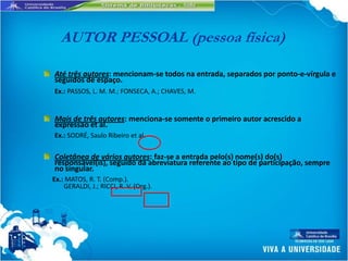 AUTOR PESSOAL (pessoa física)

Até três autores: mencionam-se todos na entrada, separados por ponto-e-vírgula e
seguidos de espaço.
Ex.: PASSOS, L. M. M.; FONSECA, A.; CHAVES, M.


Mais de três autores: menciona-se somente o primeiro autor acrescido a
expressão et al.
Ex.: SODRÉ, Saulo Ribeiro et al.

Coletânea de vários autores: faz-se a entrada pelo(s) nome(s) do(s)
responsável(is), seguido da abreviatura referente ao tipo de participação, sempre
no singular.
Ex.: MATOS, R. T. (Comp.).
    GERALDI, J.; RICCI, R. V. (Org.).
 