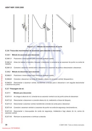 ABNT NBR 15595:2008
30 © ABNT 2008 - Todos os direitos reservados
Figura C.7 — Método de transferência de corda
C.3.6 Troca dos movimentos de ascensão para descida e vice-versa
C.3.6.1 Método de ascensão para descensão
C.3.6.1.1 Posicionar o trava-quedas para minimizar qualquer queda.
C.3.6.1.2 Antes de realizar a manobra, bloquear o descensor e conectar-se ao ascensor de punho na corda de
trabalho.
C.3.6.1.3 Conectar o ascensor ventral entre o descensor e o ascensor de punho e desconectar o descensor.
C.3.6.2 Método de descensão para ascensão
C.3.6.2.1 Posicionar o trava-quedas para minimizar qualquer queda.
C.3.6.2.2 Conectar o descensor na corda de trabalho, abaixo do ascensor ventral, bloqueando-o.
C.3.6.2.3 Desconectar o ascensor ventral, transferindo a tensão para o descensor e em seguida desconectar
o ascensor de punho.
C.3.7 Passagem de nó
C.3.7.1 Método para descensão
C.3.7.1.1 Ao chegar à altura do nó, conectar-se ao ascensor ventral e ao de punho acima do descensor.
C.3.7.1.2 Desconectar o descensor e conectar abaixo do nó, realizando a chave de bloqueio.
C.3.7.1.3 Desconectar o ascensor ventral, transferindo a tensão da corda para o descensor.
C.3.7.1.4 Conectar o ascensor ventral e o ascensor de punho na corda de segurança, tencionando-os.
C.3.7.1.5 Desconectar o trava-quedas da corda de segurança, instalando-o logo abaixo do nó, acima do
ascensor ventral.
C.3.7.1.6 Remover os ascensores e continuar a descida.
Exemplar
para
uso
exclusivo
-
PETROLEO
BRASILEIRO
-
33.000.167/0036-31
Impresso por: PETROBRAS
 