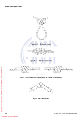 ABNT NBR 15595:2008
36 © ABNT 2008 - Todos os direitos reservados
Figura D.5 — Borboleta alpina
Figura D.6 — Oito duplo de união
Figura CD.7 — Pescador duplo (união de cordas e cordoletes)
Figura D.8 — Nó de fita
Exemplar
para
uso
exclusivo
-
PETROLEO
BRASILEIRO
-
33.000.167/0036-31
Impresso por: PETROBRAS
 