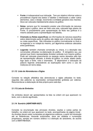 15




      §   Fonte: é indispensável sua indicação. Tem por objetivo informar sobre a
          procedência original dos dados e habilitar o interessado a obter outros
          elementos, caso o deseje, recorrendo à entidade geradora dos mesmos.
          Deve ser colocada imediatamente abaixo do gráfico.

      §   Notas: sempre que for necessário prestar uma informação de natureza
          geral sobre o gráfico, deve ser feita uma nota, colocada logo abaixo da
          Fonte. O procedimento para apresentação da Nota nos gráficos é o
          mesmo adotado para a apresentação nas tabelas.

      §   Chamada ou Notas específicas: as informações de natureza específica
          sobre determinada parte do gráfico são dadas sob a forma de chamada
          ou notas específicas. São indicadas no gráfico (normalmente no título e
          na legenda) e no rodapé do mesmo, por algarismos arábicos colocados
          entre parênteses.

      §   Legenda: também chamada convenção ou chave, é a descrição das
          convenções utilizadas na elaboração do gráfico. É obrigatório seu uso
          sempre que forem representadas divisões variáveis num mesmo gráfico.
          Pode ser colocada preenchendo os espaços vazios deixados pelo tipo
          de representação utilizada, à direita do gráfico, ou ainda, abaixo deste,
          logo após a fonte, nota e chamadas. É dispensável a colocação da
          palavra legenda antecedendo as explicações bem como o uso de
          molduras em torno delas.


2.1.12 Lista de Abreviaturas e Siglas


Consiste na relação alfabética das abreviaturas e siglas utilizadas no texto,
seguidas das palavras ou expressões correspondentes grafadas por extenso.
Recomenda-se a elaboração de lista própria para cada tipo.


2.1.13 Lista de Símbolos


Os símbolos devem ser apresentados na lista na ordem em que aparecem no
texto, com o devido significado.


2.1.14 Sumário (ABNT/NBR-6027)


Consiste na enumeração das principais divisões, seções e outras partes do
trabalho, na ordem em que aparecem no texto, acompanhadas da página inicial .
As divisões devem estar numeradas em algarismos arábicos, a partir da Introdução
até as Referências. Havendo subdivisões, deve ser adotada a numeração
progressiva, sempre em número arábico e a distinção de caracteres, de acordo
com a ABNT/NB-6024.
 