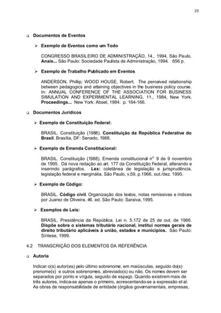 29




q     Documentos de Eventos

      Ø Exemplo de Eventos como um Todo

          CONGRESSO BRASILEIRO DE ADMINISTRAÇÃO, 14., 1994, São Paulo.
          Anais... São Paulo: Sociedade Paulista de Administração, 1994. 656 p.

      Ø Exemplo de Trabalho Publicado em Eventos

          ANDERSON, Phillip; WOOD HOUSE, Robert. The perceived relationship
          between pedagogics and attaining objectives in the business policy course.
          In: ANNUAL CONFERENCE OF THE ASSOCIATION FOR BUSINESS
          SIMULATION AND EXPERIMENTAL LEARNING, 11., 1984, New York.
          Proceedings... New York: Absel, 1984. p. 164-166.

q     Documentos Jurídicos

      Ø Exemplo de Constituição Federal:

          BRASIL. Constituição (1988). Constituição da República Federativa do
          Brasil. Brasília, DF: Senado, 1988.

      Ø Exemplo de Emenda Constitucional:

          BRASIL. Constituição (1988). Emenda constitucional no. 9 de 9 novembro
          de 1995. Dá nova redação ao art. 177 da Constituição Federal, alterando e
          inserindo parágrafos. Lex: coletânea de legislação e jurisprudência,
          legislação federal e marginália, São Paulo, v.59, p.1966, out./dez. 1995.

      Ø Exemplo de Código:

          BRASIL. Código civil. Organização dos textos, notas remissivas e índices
          por Juarez de Oliveira. 46. ed. São Paulo: Saraiva, 1995.

      Ø Exemplos de Leis:

          BRASIL. Presidência da República. Lei n. 5.172 de 25 de out. de 1966.
          Dispõe sobre o sistemas tributário nacional, institui normas gerais de
          direito tributário aplicáveis à união, estados e municípios. São Paulo:
          Síntese, 1999.

4.2     TRANSCRIÇÃO DOS ELEMENTOS DA REFERÊNCIA

q     Autoria

      Indicar o(s) autor(es) pelo último sobrenome, em maiúsculas, seguido do(s)
      prenome(s) e outros sobrenomes, abreviado(s) ou não. Os nomes devem ser
      separados por ponto e vírgula, seguido de espaço. Quando existirem mais de
      três autores, indica-se apenas o primeiro, acrescentando-se a expressão et al.
      As obras de responsabilidade de entidade (órgãos governamentais, empresas,
 