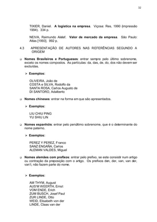 32




         TIXIER, Daniel. A logística na empresa. Viçosa: Res, 1990 (impressão
         1994). 334 p.

         NEIVA, Raimundo Alelaf. Valor de mercado da empresa.          São Paulo:
         Atlas [1993]. 992 p.

4.3       APRESENTAÇÃO DE AUTORES NAS REFERÊNCIAS SEGUNDO A
          ORIGEM

q     Nomes Brasileiros e Portugueses: entrar sempre pelo último sobrenome,
      exceto os nomes compostos. As partículas: da, das, de, do, dos não devem ser
      excluídas.

      Ø Exemplos:

         OLIVEIRA, João de
         COSTA e SILVA, Rodolfo da
         SANTA ROSA, Carlos Augusto de
         DI SANTORO, Adalberto

q     Nomes chineses: entrar na forma em que são apresentados.

      Ø Exemplos:

         LIU CHIU PING
         YU SHIU LIN

q     Nomes espanhóis: entrar pelo penúltimo sobrenome, que é o determinante do
      nome paterno.

      Ø Exemplos:

         PEREZ Y PEREZ, Franco
         SANZ ENGAÑA, Carlos
         ALEMAN VALDES, Miguel

q     Nomes alemães com prefixos: entrar pelo prefixo, se este consistir num artigo
      ou contração da preposição com o artigo. Os prefixos den, der, van, van der,
      van’t, não fazem parte do nome.


      Ø Exemplos:

         AM THYM, August
         AUS’M WEERTH, Ernst
         VOM ENDE, Erich
         ZUM BUSCH, Josef Paul
         ZUR LINDE, Otto
         WEID, Elisabeth von der
         LINDE, Claas van der
 