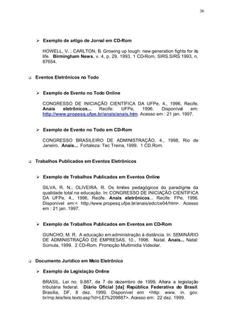 36




    Ø Exemplo de artigo de Jornal em CD-Rom

       HOWELL, V. ; CARLTON, B. Growing up tough: new generation fights for its
       life. Birmingham News, v. 4, p. 29, 1993. 1 CD-Rom, SIRS.SIRS 1993, n.
       87654.


q   Eventos Eletrônicos no Todo


    Ø Exemplo de Evento no Todo Online

       CONGRESSO DE INICIAÇÃO CIENTÍFICA DA UFPe, 4., 1996, Recife.
       Anais    eletrônicos...  Recife:   UFPe,     1996.   Disponível    em:
       http://www.propesq.ufpe.br/anais/anais.htm. Acesso em : 21 jan. 1997.


    Ø Exemplo de Evento no Todo em CD-Rom

       CONGRESSO BRASILEIRO DE ADMINISTRAÇÃO, 4., 1998, Rio de
       Janeiro. Anais... Fortaleza: Tec Treina, 1999. 1 CD.Rom.


q   Trabalhos Publicados em Eventos Eletrônicos


    Ø Exemplo de Trabalhos Publicados em Eventos Online

       SILVA, R. N.; OLIVEIRA, R. Os limites pedagógicos do paradígma da
       qualidade total na educação. In: CONGRESSO DE INICIAÇÃO CIENTÍFICA
       DA UFPe, 4., 1996, Recife. Anais eletrônicos... Recife: FPe, 1996.
       Disponível em:< http;//www.propesq.ufpe.br/anais/edc/ce04/htm>. Acesso
       em : 21 jan. 1997.


    Ø Exemplo de Trabalhos Publicados em Eventos em CD-Rom

       GUNCHO, M. R. A educação em administração à distância. In: SEMINÁRIO
       DE ADMINISTRAÇÃO DE EMPRESAS, 10., 1998. Natal. Anais... Natal:
       Súmula, 1999. 2 CD-Rom. Promoção Multimidia Videolar.


q   Documento Jurídico em Meio Eletrônico

    Ø Exemplo de Legislação Online

       BRASIL. Lei no. 9.887, de 7 de dezembro de 1999. Altera a legislação
       tributária federal. Diário Oficial [da] República Federativa do Brasil.
       Brasília, DF, 8 dez. 1999. Disponível em: <http: www. in. gov.
       br/mp.leis/leis.texto.asp?id=LEI%209887>. Acesso em: 22 dez. 1999.
 