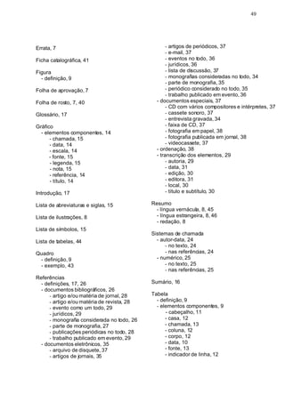 49




Errata, 7                                           - artigos de periódicos, 37
                                                    - e-mail, 37
Ficha catalográfica, 41                             - eventos no todo, 36
                                                    - jurídicos, 36
Figura                                              - lista de discussão, 37
  - definição, 9                                    - monografias consideradas no todo, 34
                                                    - parte de monografia, 35
Folha de aprovação, 7                               - periódico considerado no todo, 35
                                                    - trabalho publicado em evento, 36
Folha de rosto, 7, 40                          - documentos especiais, 37
                                                    - CD com vários compositores e intérpretes, 37
Glossário, 17                                       - cassete sonoro, 37
                                                    - entrevista gravada, 34
Gráfico                                             - faixa de CD, 37
  - elementos componentes, 14                       - fotografia em papel, 38
      - chamada, 15                                 - fotografia publicada em jornal, 38
      - data, 14                                    - videocassete, 37
      - escala, 14                             - ordenação, 38
      - fonte, 15                              - transcrição dos elementos, 29
      - legenda, 15                                 - autoria, 29
      - nota, 15                                    - data, 31
      - referência, 14                              - edição, 30
      - título, 14                                  - editora, 31
                                                    - local, 30
Introdução, 17                                      - título e subtítulo, 30

Lista de abreviaturas e siglas, 15           Resumo
                                               - língua vernácula, 8, 45
Lista de ilustrações, 8                        - língua estrangeira, 8, 46
                                               - redação, 8
Lista de símbolos, 15
                                             Sistemas de chamada
Lista de tabelas, 44                           - autor-data, 24
                                                   - no texto, 24
Quadro                                             - nas referências, 24
 - definição, 9                                - numérico, 25
 - exemplo, 43                                     - no texto, 25
                                                   - nas referências, 25
Referências
  - definições, 17, 26                       Sumário, 16
  - documentos bibliográficos, 26
      - artigo e/ou matéria de jornal, 28    Tabela
      - artigo e/ou matéria de revista, 28     - definição, 9
      - evento como um todo, 29                - elementos componentes, 9
      - jurídicos, 29                              - cabeçalho, 11
      - monografia considerada no todo, 26         - casa, 12
      - parte de monografia, 27                    - chamada, 13
      - publicações periódicas no todo, 28         - coluna, 12
      - trabalho publicado em evento, 29           - corpo, 12
  - documentos eletrônicos, 35                     - data, 10
      - arquivo de disquete, 37                    - fonte, 13
      - artigos de jornais, 35                     - indicador de linha, 12
 
