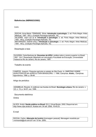 Referências (NBR6023/2002)


 Livro


  ROCHA, Anna Maria; TRINDADE, Sônia. Introdução à psicologia. 2. ed. Porto Alegre: Artes
  Médicas, 1987. 160 p. (Coleção Psicologia Aplicada, 16).
  SILVEIRA, José Luiz et al. Introdução à psicologia. 2. ed. Porto Alegre: Artes Médicas,
  1987. 160 p. (Coleção Psicologia Aplicada, 16).
  MATARAZZO, Gabriel (Org.). Introdução à psicologia. 2. ed. Porto Alegre: Artes Médicas,
  1987. 160 p. (Coleção Psicologia Aplicada, 16).


 Dissertação e tese


OLIVEIRA, Carla Barbosa de. Docentes da UFRJ: análise sobre o ensino superior no Brasil.
1997. 124 f. Dissertação (Mestrado em educação)–Faculdade de Educação, Universidade
Federal do Rio de Janeiro, Rio de Janeiro, 1997.


 Trabalho de evento


CAMPOS, Joaquim. Pesquisa agrícola no estado de São Paulo. In: SIMPÓSIO SOBRE
AGROTÓXICOS NA AGRICULTURA BRASILEIRA, 1, 1986, Campinas. Anais... Campinas:
Agronômica, 1986. p. 56-84.

Artigo de periódico


AZAMBUJA, Ricardo. A violência nas favelas do Brasil. Sociologia urbana, Rio de Janeiro, v.
23, n. 13, p. 34-57, out. 1998.


 Documento eletrônico
Online


ALVES, André. Saúde pública no Brasil. [S.l.]: Virtual Books, 2002. Disponível em:
http://www.ufpe.anais.br. Acesso em: 04 set. 2006, 16:45:23.


E-mail


ROCHA, Carlos. Alteração de horário [mensagem pessoal]. Mensagem recebida por
<mmiranda@uol.com.br> em 15 fev. 2000.
 