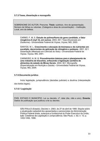 5.7.5 Teses, dissertação e monografia



SOBRENOME DO AUTOR, Prenome. Título: subtítulo. Ano de apresentação.
Número de folhas ou volumes. (Categoria e área de concentração) – Instituição,
Local, ano da defesa.



      CARMO, F. M. S. Estudo de polimorfismo do gene candidato, o fator
      miogênico-5 (myf -5), em suínos. 2003. 69 f. Tese (Doutorado em
      Zootecnia) - Universidade Federal de Viçosa, Viçosa, MG, 2003.

      SANTOS, M. L. Crescimento e alocação de biomassa e de nutrientes em
      eucalipto, decorrentes da aplicação de nitrogênio e potássio. 2001. 62 f.
      Dissertação (Mestrado em Ciências do Solo) - Universidade Federal de
      Viçosa, Viçosa, MG, 2001.

      CARNEIRO, N. M. Q. Procedimentos básicos para o planejamento de
      uma indústria de biscoitos, enfocando a legislação sanitária de
      alimentos do estado de Minas Gerais. 2004. 90 f. Monografia
      (Especialização em Nutrição e Saúde) - Universidade Federal de Viçosa,
      Viçosa, MG, 2004.


5.7.6 Documento jurídico

      Inclui legislação, jurisprudência (decisões judiciais) e doutrina (interpretação
dos textos legais).

5.7.6.1 Legislação



PAÍS, ESTADO E MUNICÍPIO. Lei ou decreto, nº, data (dia, mês e ano). Ementa.
Dados de publicação que publicou a lei ou decreto.



      SÃO PAULO (Estado). Decreto n. 2563, de 27 de abril de 1998. Dispõe sobre
      a atualização cadastral dos aposentados e pensionistas da Administração
      Pública Federal direta, autarquia e fundacional do Poder Executivo da União,
      Lex: Coletânea de Legislação e Jurisprudência, São Paulo, v. 62, n. 12, p.
      1493-1494, 1998.




                                                                                   51
 