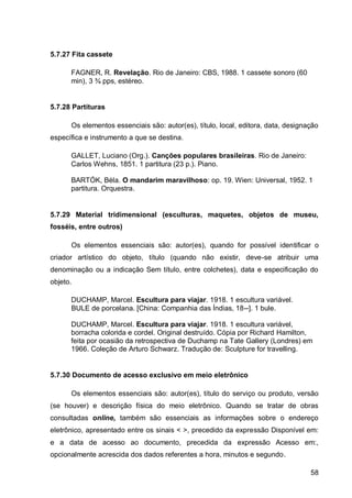 5.7.27 Fita cassete

      FAGNER, R. Revelação. Rio de Janeiro: CBS, 1988. 1 cassete sonoro (60
      min), 3 ¾ pps, estéreo.


5.7.28 Partituras

      Os elementos essenciais são: autor(es), título, local, editora, data, designação
específica e instrumento a que se destina.

      GALLET, Luciano (Org.). Canções populares brasileiras. Rio de Janeiro:
      Carlos Wehns, 1851. 1 partitura (23 p.). Piano.

      BARTÓK, Béla. O mandarim maravilhoso: op. 19. Wien: Universal, 1952. 1
      partitura. Orquestra.


5.7.29 Material tridimensional (esculturas, maquetes, objetos de museu,
fosséis, entre outros)

      Os elementos essenciais são: autor(es), quando for possível identificar o
criador artístico do objeto, título (quando não existir, deve-se atribuir uma
denominação ou a indicação Sem título, entre colchetes), data e especificação do
objeto.

      DUCHAMP, Marcel. Escultura para viajar. 1918. 1 escultura variável.
      BULE de porcelana. [China: Companhia das Índias, 18--]. 1 bule.

      DUCHAMP, Marcel. Escultura para viajar. 1918. 1 escultura variável,
      borracha colorida e cordel. Original destruído. Cópia por Richard Hamilton,
      feita por ocasião da retrospectiva de Duchamp na Tate Gallery (Londres) em
      1966. Coleção de Arturo Schwarz. Tradução de: Sculpture for travelling.


5.7.30 Documento de acesso exclusivo em meio eletrônico

      Os elementos essenciais são: autor(es), título do serviço ou produto, versão
(se houver) e descrição física do meio eletrônico. Quando se tratar de obras
consultadas online, também são essenciais as informações sobre o endereço
eletrônico, apresentado entre os sinais < >, precedido da expressão Disponível em:
e a data de acesso ao documento, precedida da expressão Acesso em:,
opcionalmente acrescida dos dados referentes a hora, minutos e segundo.

                                                                                   58
 