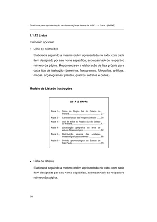 Diretrizes para apresentação de dissertações e teses da USP: ...- Parte I (ABNT)
_______________________________________________________________________
1.1.12 Listas
Elemento opcional.
• Lista de ilustrações
Elaborada seguindo a mesma ordem apresentada no texto, com cada
item designado por seu nome específico, acompanhado do respectivo
número da página. Recomenda-se a elaboração de lista própria para
cada tipo de ilustração (desenhos, fluxogramas, fotografias, gráficos,
mapas, organogramas, plantas, quadros, retratos e outros).
Modelo de Lista de Ilustrações
LISTA DE MAPAS
Mapa 1 – Solos da Região Sul do Estado do
Paraná..................................................... 27
Mapa 2 – Características das imagens orbitais .......39
Mapa 3 – Uso de solos da Região Sul do Estado
do Paraná.................................................47
Mapa 4 – Localização geográfica da área de
estudo fitossociológico .............................52
Mapa 5 – Distribuição espacial das unidades
litoestratigráficas ocorrentes ....................68
Mapa 6 – Divisão geomorfológica do Estado de
São Paulo.................................................75
• Lista de tabelas
Elaborada seguindo a mesma ordem apresentada no texto, com cada
item designado por seu nome específico, acompanhado do respectivo
número da página.
28
 