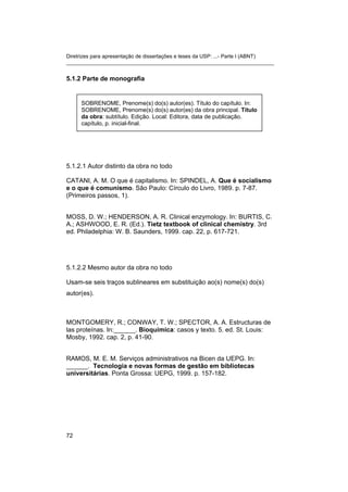 Diretrizes para apresentação de dissertações e teses da USP: ...- Parte I (ABNT) 
_______________________________________________________________________ 
5.1.2 Parte de monografia 
SOBRENOME, Prenome(s) do(s) autor(es). Título do capítulo. In: SOBRENOME, Prenome(s) do(s) autor(es) da obra principal. Título da obra: subtítulo. Edição. Local: Editora, data de publicação. capítulo, p. inicial-final. 
5.1.2.1 Autor distinto da obra no todo 
CATANI, A. M. O que é capitalismo. In: SPINDEL, A. Que é socialismo e o que é comunismo. São Paulo: Círculo do Livro, 1989. p. 7-87. (Primeiros passos, 1). 
MOSS, D. W.; HENDERSON, A. R. Clinical enzymology. In: BURTIS, C. A.; ASHWOOD, E. R. (Ed.). Tietz textbook of clinical chemistry. 3rd ed. Philadelphia: W. B. Saunders, 1999. cap. 22, p. 617-721. 
5.1.2.2 Mesmo autor da obra no todo 
Usam-se seis traços sublineares em substituição ao(s) nome(s) do(s) autor(es). 
MONTGOMERY, R.; CONWAY, T. W.; SPECTOR, A. A. Estructuras de las proteínas. In:______. Bioquímica: casos y texto. 5. ed. St. Louis: Mosby, 1992. cap. 2, p. 41-90. 
RAMOS, M. E. M. Serviços administrativos na Bicen da UEPG. In: ______. Tecnologia e novas formas de gestão em bibliotecas universitárias. Ponta Grossa: UEPG, 1999. p. 157-182. 
72 
 