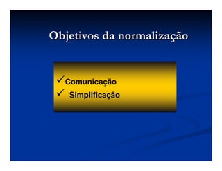 Comunicação
 Simplificação
Objetivos da normaliza
Objetivos da normalizaç
ção
ão
 