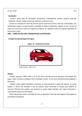 Ana Ligia Trindade 2014
- 15 -
Ilustrações
Existem vários tipos de ilustrações: fluxogramas, organogramas, plantas, quadros, gravuras,
fotografias, retratos, mapas, esquemas, desenhos, gráficos e outros.
Devem ser inseridas em local tão próximo quanto possível do trecho onde são mencionadas. Sua
identificação aparece na parte superior, precedida da palavra designativa, seguida de seu número de
ordem de ocorrência no texto, em algarismos arábicos, do respectivo título e/ou legenda explicativa de
forma breve e clara.
OBS. – TABELAS NÃO SÃO CONSIDERADAS ILUSTRAÇÕES
Exemplo de Apresentação de Figura:
Figura 10 – Automóvel Ford Ka
Fonte: Queiroz, 1995, p. 30.
Tabelas
A tabela, segundo o IBGE (1993, p. 9), é uma “forma não discursiva de apresentar informações, das
quais o dado numérico se destaca como informação central, na sua forma identifica-se [sic] espaços e
elementos”.
Tabelas: trazem dados estatísticos numéricos; os lados esquerdo e direito são abertos, as partes
superior e inferior são fechadas e não se colocam traços horizontais e verticais para separar os
números. Diferente dos quadros que possuem os quatro lados fechados com traços horizontais e
verticais para separar as informações.
Devem apresentar a fonte, acrescidos de nota se necessário. Esta nota deve registrar informações ou
comentários elucidativos.
 