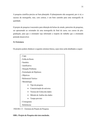 31 
A pesquisa científica precisa ser bem planejada. O planejamento não assegurará, por si só, o 
sucesso da monografia, mas, com certeza, é um bom caminho para uma monografia de 
qualidade. 
O projeto de pesquisa é necessário para obtenção de bolsas de estudo, patrocínio de pesquisas, 
ser apresentado ao orientador de uma monografia de final de curso, nos cursos de pós-graduação, 
para que o orientador seja informado a respeito do trabalho que o orientando 
pretende desenvolver. 
5.1 Estrutura 
Os projetos podem obedecer a seguinte estrutura básica, cujos itens serão detalhados a seguir: 
- Capa 
- Folha de Rosto 
- Sumário 
- Justificativa 
- Situação Problema 
- Formulação de Hipóteses 
- Objetivos 
- Referencial Teórico 
- Metodologia 
• Tipo de pesquisa 
• Caracterização do universo 
• Técnica de Coleta dos dados 
• Método de Análise dos dados 
• Tempo previsto 
- Cronograma 
- Referências 
FIGURA 13 – Estrutura de Projeto de Pesquisa 
OBS.: Projeto de Pesquisa não tem conclusão. 
 
