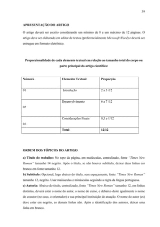 39 
APRESENTAÇÃO DO ARTIGO 
O artigo deverá ser escrito considerando um mínimo de 8 e um máximo de 12 páginas. O 
artigo deve ser elaborado em editor de textos (preferencialmente Microsoft Word) e deverá ser 
entregue em formato eletrônico. 
Proporcionalidade de cada elemento textual em relação ao tamanho total do corpo ou 
parte principal do artigo científico: 
Número 
Elemento Textual Proporção 
01 Introdução 2 a 3 /12 
02 
Desenvolvimento 6 a 7 /12 
03 
Considerações Finais 0,5 a 1/12 
Total 12/12 
ORDEM DOS TÓPICOS DO ARTIGO 
a) Título do trabalho: No topo da página, em maiúsculas, centralizado, fonte “Times New 
Roman” tamanho 14 negrito. Após o título, se não houver subtítulo, deixar duas linhas em 
branco em fonte tamanho 12. 
b) Subtítulo: Opcional, logo abaixo do título, sem espaçamento, fonte “Times New Roman” 
tamanho 12, negrito. Usar maiúsculas e minúsculas seguindo a regra da língua portuguesa. 
c) Autoria: Abaixo do título, centralizado, fonte “Times New Roman” tamanho 12, em linhas 
distintas, deverá estar o nome do autor, o nome do curso, e debaixo deste igualmente o nome 
do coautor (no caso, o orientador) e sua principal instituição de atuação. O nome do autor (es) 
deve estar em negrito, as demais linhas não. Após a identificação dos autores, deixar uma 
linha em branco. 
 