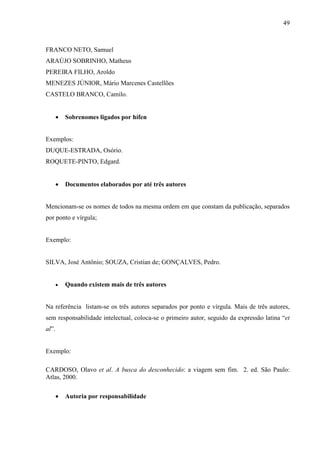49 
FRANCO NETO, Samuel 
ARAÚJO SOBRINHO, Matheus 
PEREIRA FILHO, Aroldo 
MENEZES JÚNIOR, Mário Marcenes Castellões 
CASTELO BRANCO, Camilo. 
• Sobrenomes ligados por hífen 
Exemplos: 
DUQUE-ESTRADA, Osório. 
ROQUETE-PINTO, Edgard. 
• Documentos elaborados por até três autores 
Mencionam-se os nomes de todos na mesma ordem em que constam da publicação, separados 
por ponto e vírgula; 
Exemplo: 
SILVA, José Antônio; SOUZA, Cristian de; GONÇALVES, Pedro. 
• Quando existem mais de três autores 
Na referência listam-se os três autores separados por ponto e vírgula. Mais de três autores, 
sem responsabilidade intelectual, coloca-se o primeiro autor, seguido da expressão latina “et 
al”. 
Exemplo: 
CARDOSO, Olavo et al. A busca do desconhecido: a viagem sem fim. 2. ed. São Paulo: 
Atlas, 2000. 
• Autoria por responsabilidade 
 