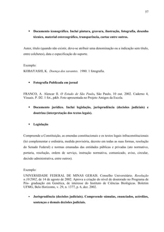 57 
 Documento iconográfico. Inclui pintura, gravura, ilustração, fotografia, desenho 
técnico, material estereográfico, transparência, cartaz entre outros. 
Autor, título (quando não existir, deve-se atribuir uma denominação ou a indicação sem título, 
entre colchetes), data e especificação do suporte. 
Exemplo: 
KOBAYASHI, K. Doença dos xavantes. 1980. 1 fotografia. 
 Fotografia Publicada em jornal 
FRANCO, A. Alencar II. O Estado de São Paulo, São Paulo, 10 out. 2002. Caderno 4, 
Visuais. P. D2. 1 fot., pb. Foto apresentada no Projeto Amigos da Escola. 
 Documento jurídico. Inclui legislação, jurisprudência (decisões judiciais) e 
doutrina (interpretação dos textos legais). 
 Legislação 
Compreende a Constituição, as emendas constitucionais e os textos legais infraconstitucionais 
(lei complementar e ordinária, medida provisória, decreto em todas as suas formas, resolução 
do Senado Federal) e normas emanadas das entidades públicas e privadas (ato normativo, 
portaria, resolução, ordem de serviço, instrução normativa, comunicado, aviso, circular, 
decisão administrativa, entre outros). 
Exemplo: 
UNIVERSIDADE FEDERAL DE MINAS GERAIS. Conselho Universitário. Resolução 
n.10/2002, de 14 de agosto de 2002. Aprova a criação do nível de doutorado no Programa de 
Pós- graduação em Genética, de interesse do Instituto de Ciências Biológicas. Boletim 
UFMG, Belo Horizonte, v. 29, n. 1377, p. 6, dez. 2002. 
 Jurisprudência (decisões judiciais). Compreende súmulas, enunciados, acórdãos, 
sentenças e demais decisões judiciais. 
 
