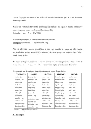 9 
Não se empregam abreviaturas nos títulos e resumos dos trabalhos, para se evitar problemas 
na tradução deles. 
Não se usa ponto nas abreviaturas de unidades de medida e nas siglas. A mesma forma serve 
para o singular e para o plural nas unidades de medida. 
Exemplos: 1 cm 5 m UNESCO 
Não se usa plural para as formas abreviadas das palavras. 
Exemplos: editores: ed. organizadores : org. 
Não se abreviam nomes geográficos, a não ser quando se tratar de abreviaturas 
universalmente aceitas, como: EUA. Portanto, escreve-se sempre por extenso: São Paulo e 
não S. Paulo ou S.P. 
Na língua portuguesa, os meses do ano são abreviados pelas três primeiras letras e ponto. O 
mês de maio não se abrevia por contar com os quatro dígitos permitidos na abreviatura. 
Os meses do ano deverão ser abreviados de acordo com a figura abaixo: 
PORTUGUÊS INGLÊS ESPANHOL ITALIANO FRANCÊS 
janeiro - jan. 
january - jan. 
fevereiro - fev. 
february - feb. 
março - mar. 
march - mar. 
abril - abr. 
april - apr. 
maio - maio 
may - may. 
junho - jun. 
june - june 
julho - jul. 
july - july 
agosto - ago. 
august - aug. 
setembro - set. 
outubro - out. 
novembro - nov. 
dezembro - dez. 
septembre - sept. 
october - oct. 
novembre - nov. 
decembre - dec. 
enero – ene. 
febrero – feb. 
marzo – mar. 
Abril – abr. 
mayo – mayo. 
junio – jun. 
julio – jul. 
agosto – ago. 
setiembre – set. 
octubre – oct 
noviembre – nov. 
diciembre –dic 
Gennaio – gen. 
Febbraio – feb 
Marzo – mar. 
Aprile – apr. 
Maggio – mag. 
Giugno – giug. 
Giuglio –giugl. 
Agosto – ago 
Settembre – set 
Ottobre – ott. 
Novembre – nov. 
Decembre – dec. 
janvier – jan. 
février – fév. 
mars – mars. 
avril – avr. 
mai – mai. 
juin – juin. 
juillet – juil. 
août – août. 
septembre – sept. 
octobre – oct. 
novembre – nov. 
decembre – dec. 
FIGURA 1 – Abreviaturas dos meses. 
3.7 Ilustrações 
 