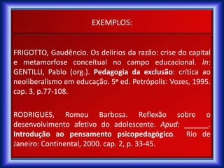 EXEMPLOS:
FRIGOTTO, Gaudêncio. Os delírios da razão: crise do capital
e metamorfose conceitual no campo educacional. In:
GENTILLI, Pablo (org.). Pedagogia da exclusão: crítica ao
neoliberalismo em educação. 5o ed. Petrópolis: Vozes, 1995.
cap. 3, p.77-108.
RODRIGUES, Romeu Barbosa. Reflexão sobre o
desenvolvimento afetivo do adolescente. Apud: ______.
Introdução ao pensamento psicopedagógico. Rio de
Janeiro: Continental, 2000. cap. 2, p. 33-45.
 
