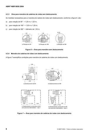 ABNT NBR 9050:2004
8 © ABNT 2004 ─ Todos os direitos reservados
4.3.3 Área para manobra de cadeiras de rodas sem deslocamento
As medidas necessárias para a manobra de cadeira de rodas sem deslocamento, conforme a figura 6, são:
a) para rotação de 90° = 1,20 m x 1,20 m;
b) para rotação de 180° = 1,50 m x 1,20 m;
c) para rotação de 360° = diâmetro de 1,50 m.
Figura 6 — Área para manobra sem deslocamento
4.3.4 Manobra de cadeiras de rodas com deslocamento
A figura 7 exemplifica condições para manobra de cadeiras de rodas com deslocamento.
Figura 7 — Área para manobra de cadeiras de rodas com deslocamento
 