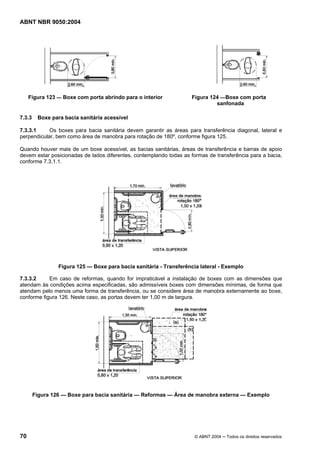 ABNT NBR 9050:2004
70 © ABNT 2004 ─ Todos os direitos reservados
Figura 123 — Boxe com porta abrindo para o interior Figura 124 —Boxe com porta
sanfonada
7.3.3 Boxe para bacia sanitária acessível
7.3.3.1 Os boxes para bacia sanitária devem garantir as áreas para transferência diagonal, lateral e
perpendicular, bem como área de manobra para rotação de 180º, conforme figura 125.
Quando houver mais de um boxe acessível, as bacias sanitárias, áreas de transferência e barras de apoio
devem estar posicionadas de lados diferentes, contemplando todas as formas de transferência para a bacia,
conforme 7.3.1.1.
Figura 125 — Boxe para bacia sanitária - Transferência lateral - Exemplo
7.3.3.2 Em caso de reformas, quando for impraticável a instalação de boxes com as dimensões que
atendam às condições acima especificadas, são admissíveis boxes com dimensões mínimas, de forma que
atendam pelo menos uma forma de transferência, ou se considere área de manobra externamente ao boxe,
conforme figura 126. Neste caso, as portas devem ter 1,00 m de largura.
Figura 126 — Boxe para bacia sanitária — Reformas — Área de manobra externa — Exemplo
 